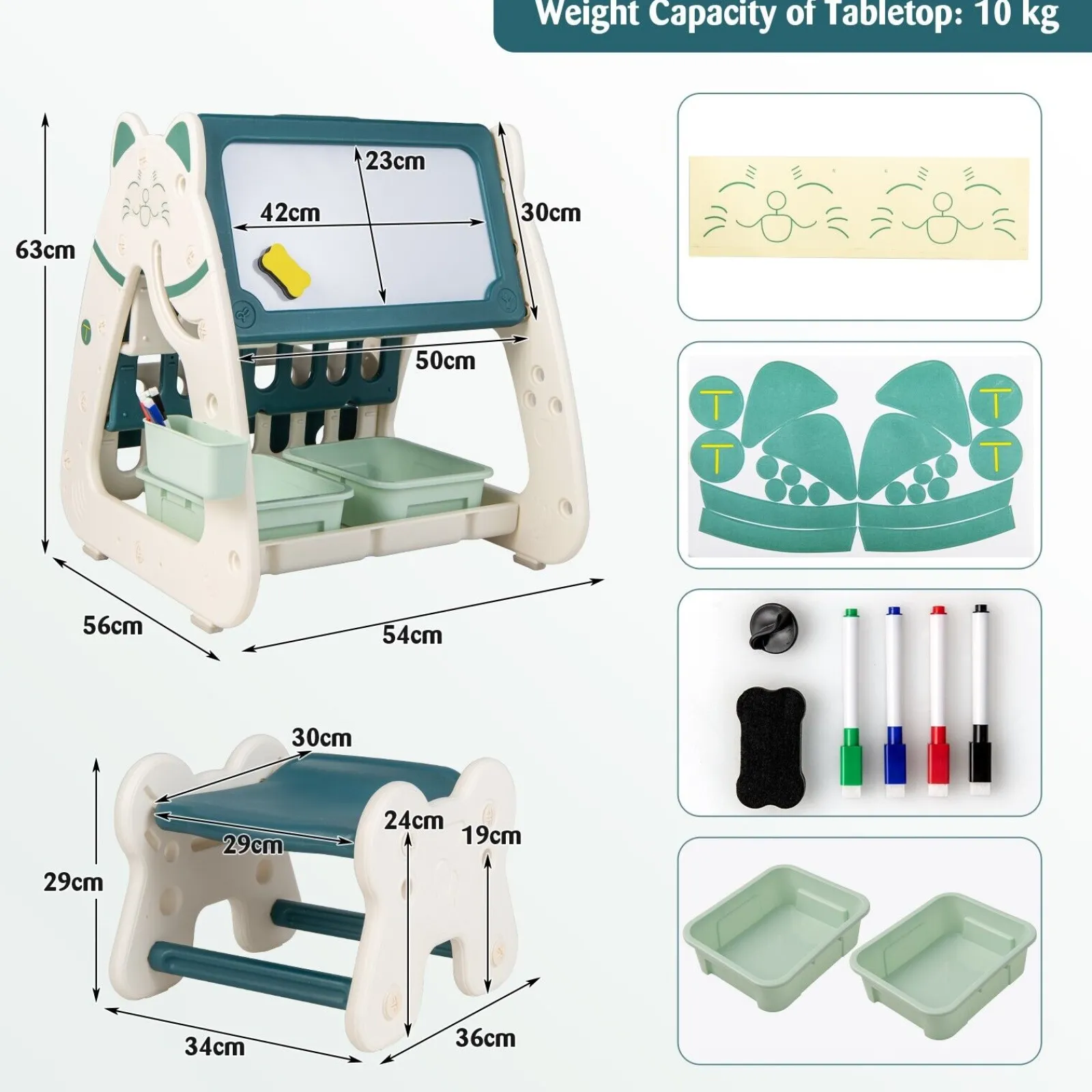 Little Helper Easels & Accessories | Kids Easels & Accessories | 3-in-1 Kids Height Adjustable Magnetic Dry Erase Easel | Desk | Bookcase & Stool | Teal