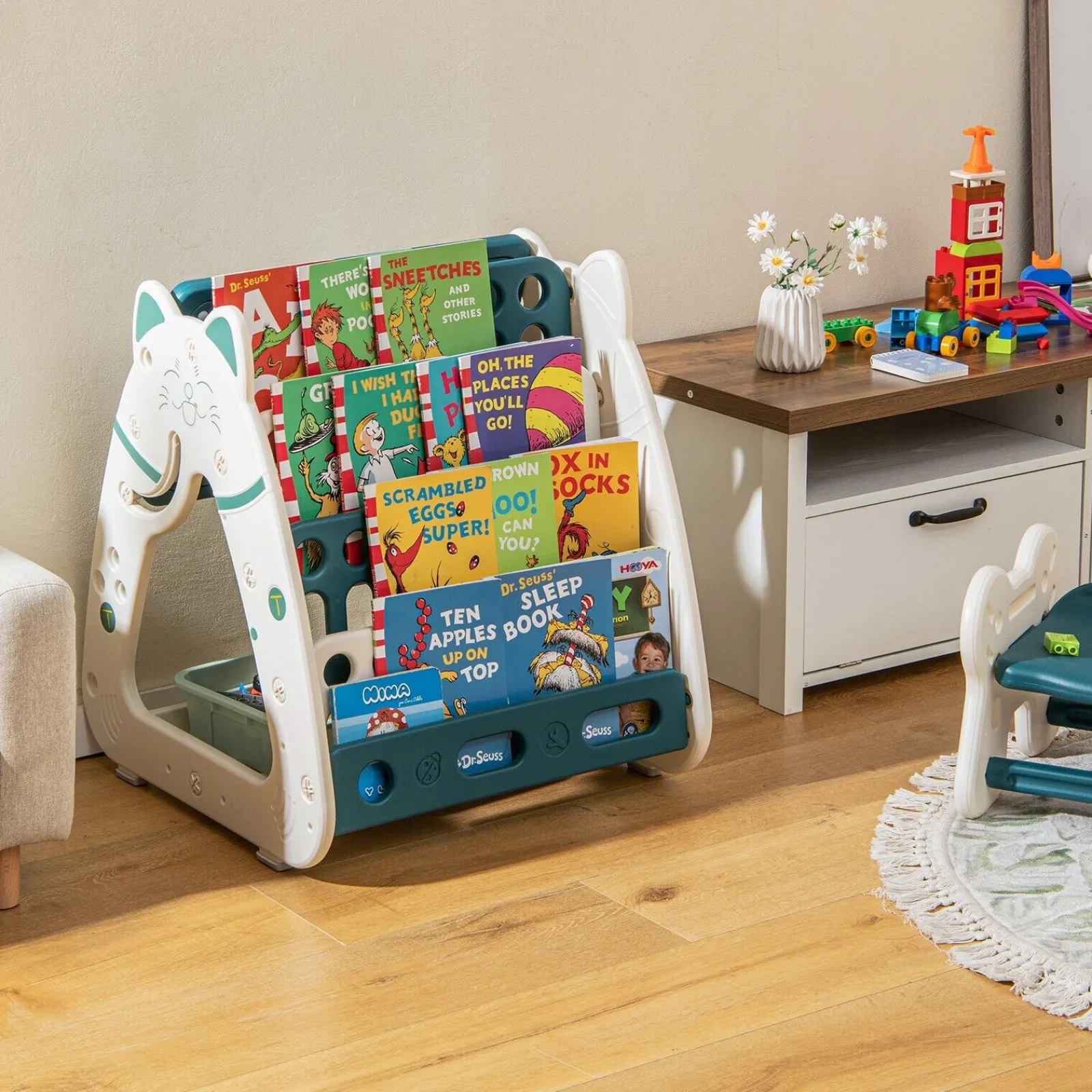 Little Helper Easels & Accessories | Kids Easels & Accessories | 3-in-1 Kids Height Adjustable Magnetic Dry Erase Easel | Desk | Bookcase & Stool | Teal