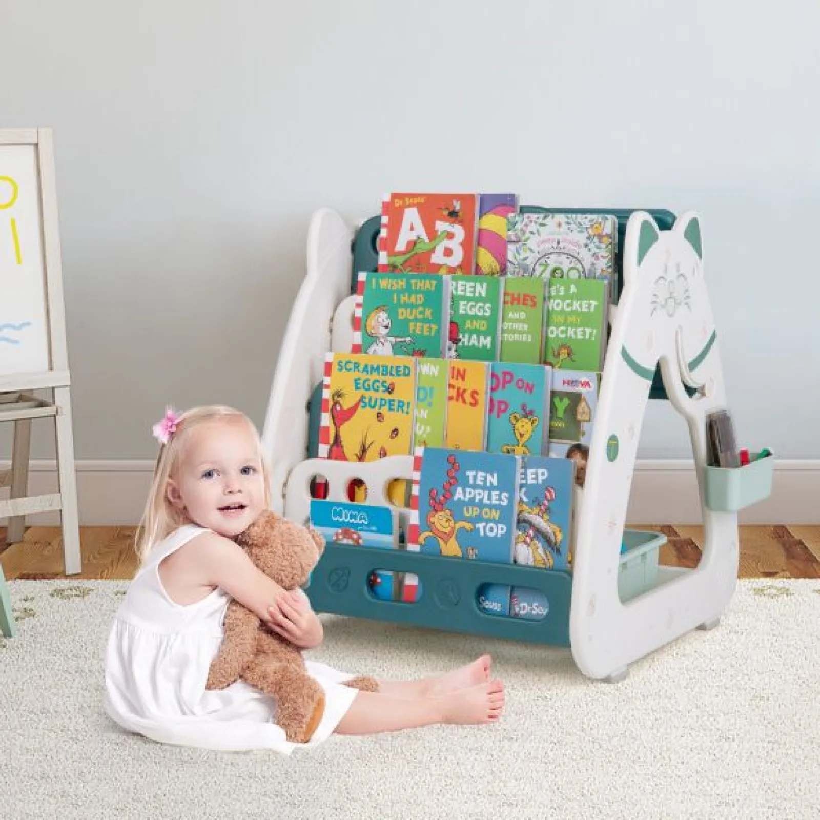 Little Helper Easels & Accessories | Kids Easels & Accessories | 3-in-1 Kids Height Adjustable Magnetic Dry Erase Easel | Desk | Bookcase & Stool | Teal