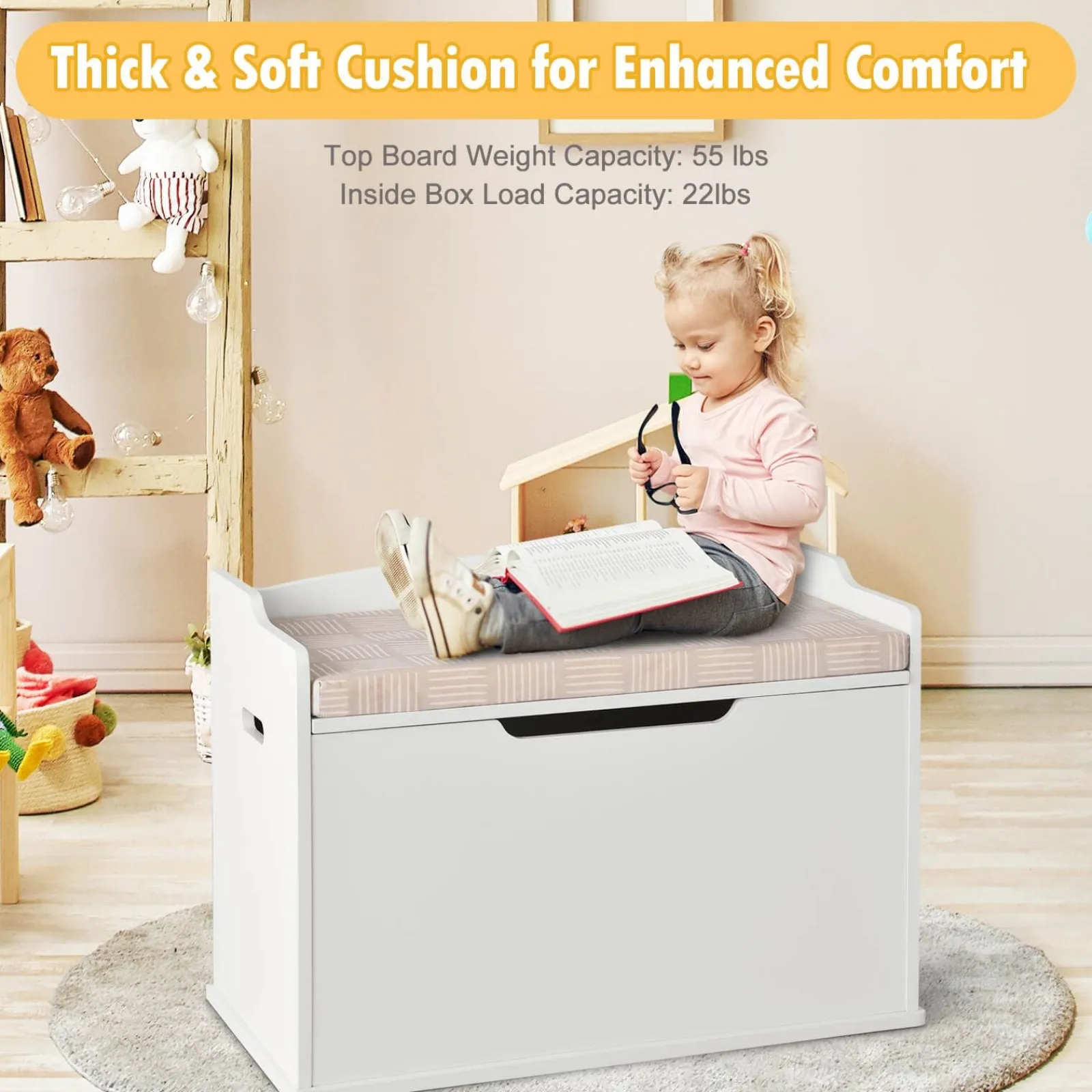Little Helper Toy Storage Units | Toy Storage Units | 2-in-1 Kids Toy Box and Bench with Cushion | Childrens Wooden Toy Storage Box | 3 Colour Options