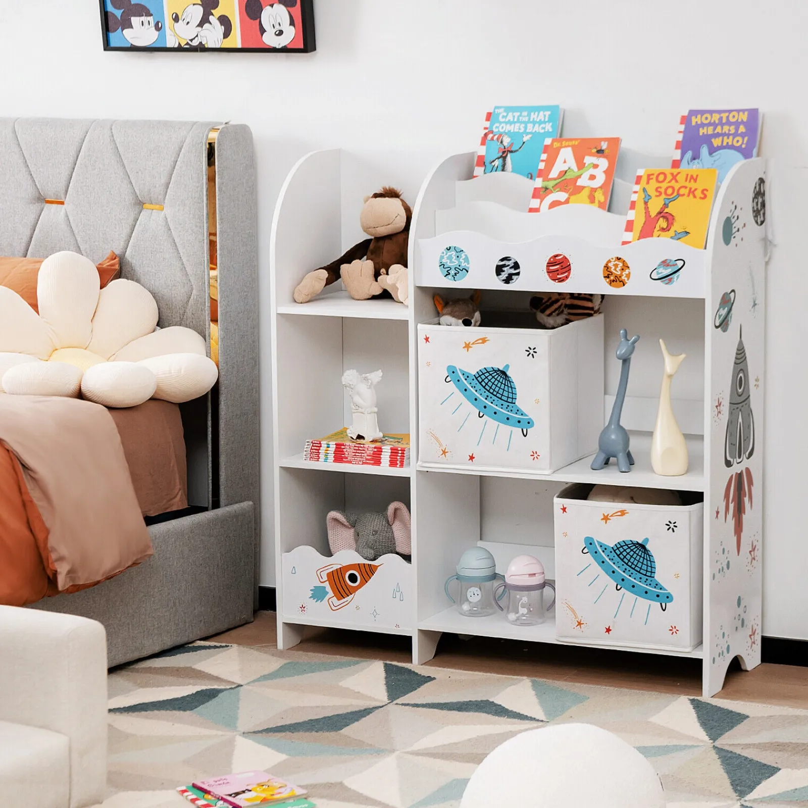 Little Helper Toy Storage Units | Toy Storage Units | 2-in-1 Montessori Bookshelf & Toy Storage Unit | Wooden Storage | Space Theme | White