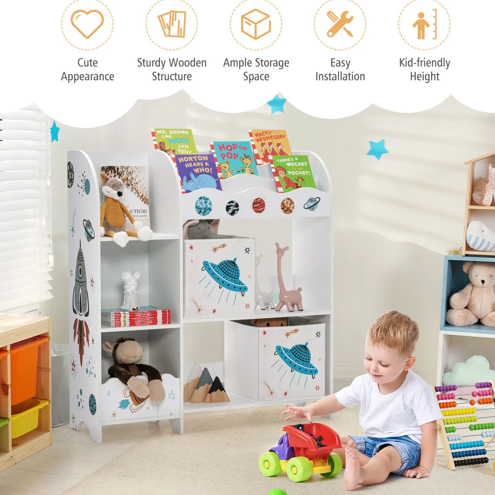 Little Helper Toy Storage Units | Toy Storage Units | 2-in-1 Montessori Bookshelf & Toy Storage Unit | Wooden Storage | Space Theme | White