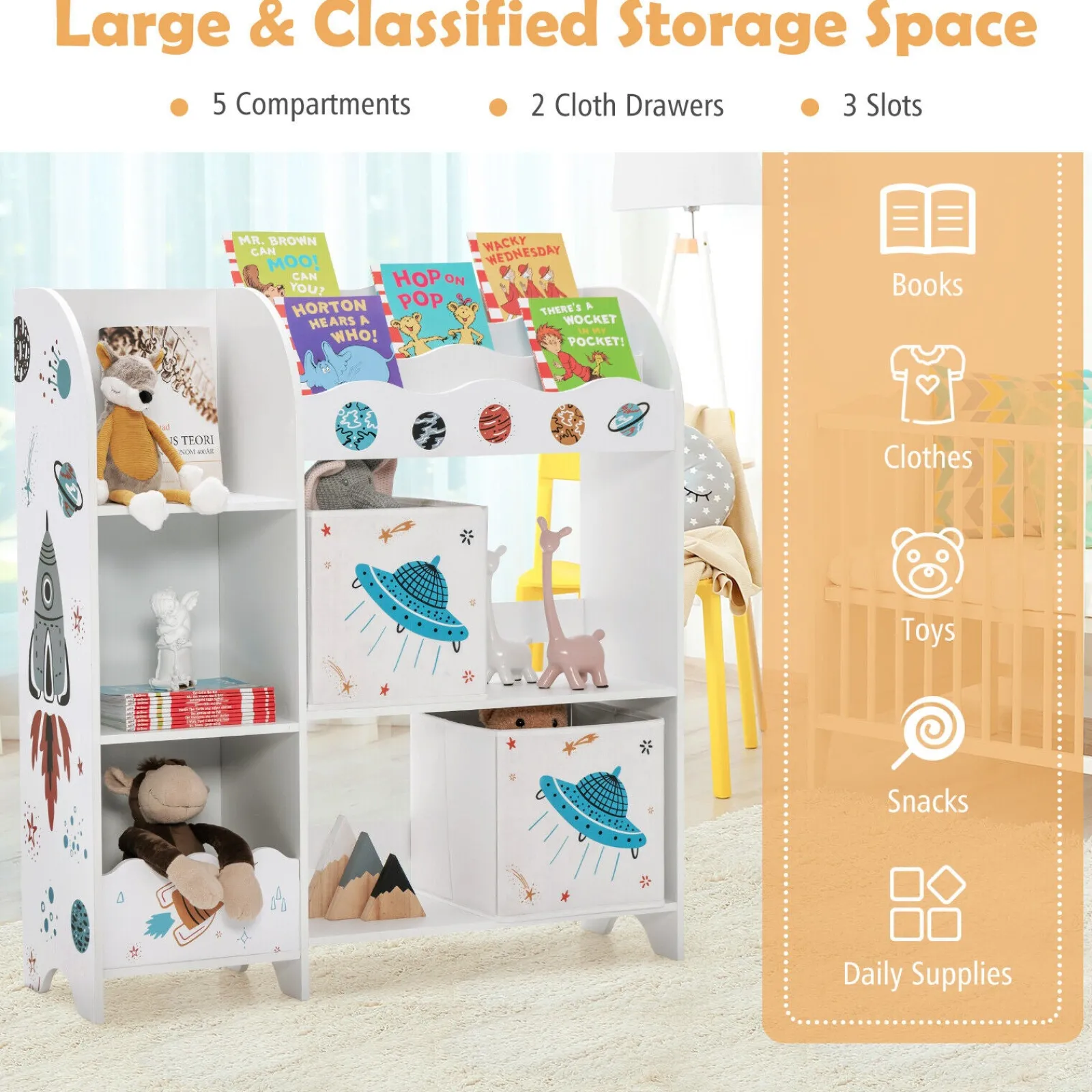 Little Helper Toy Storage Units | Toy Storage Units | 2-in-1 Montessori Bookshelf & Toy Storage Unit | Wooden Storage | Space Theme | White