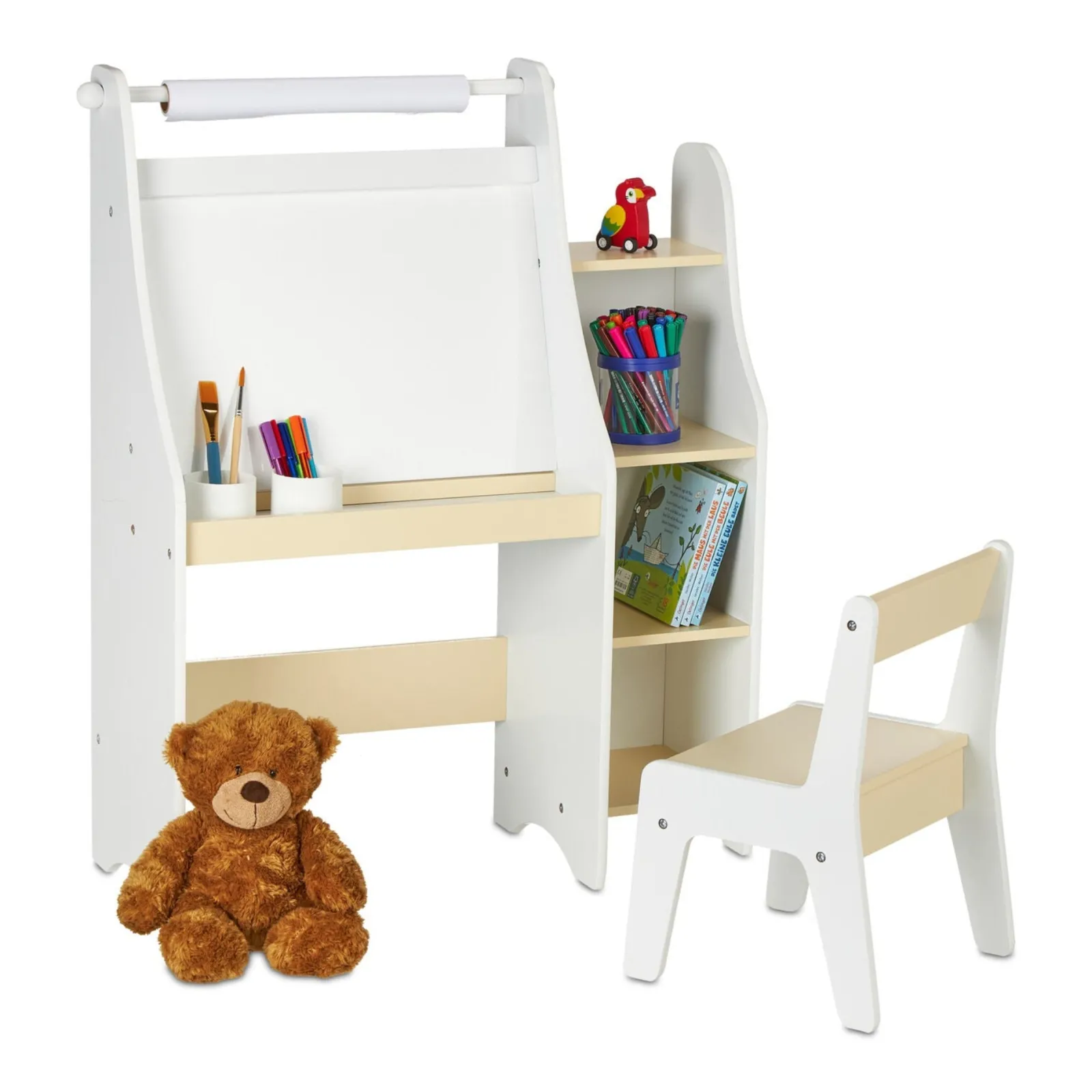 Little Helper Montessori Toys & Products | Easels & Accessories | 5-in-1 Montessori Compact Kids Desk | Easel | Sling Bookcase | Bookshelf | Storage & Stool | White