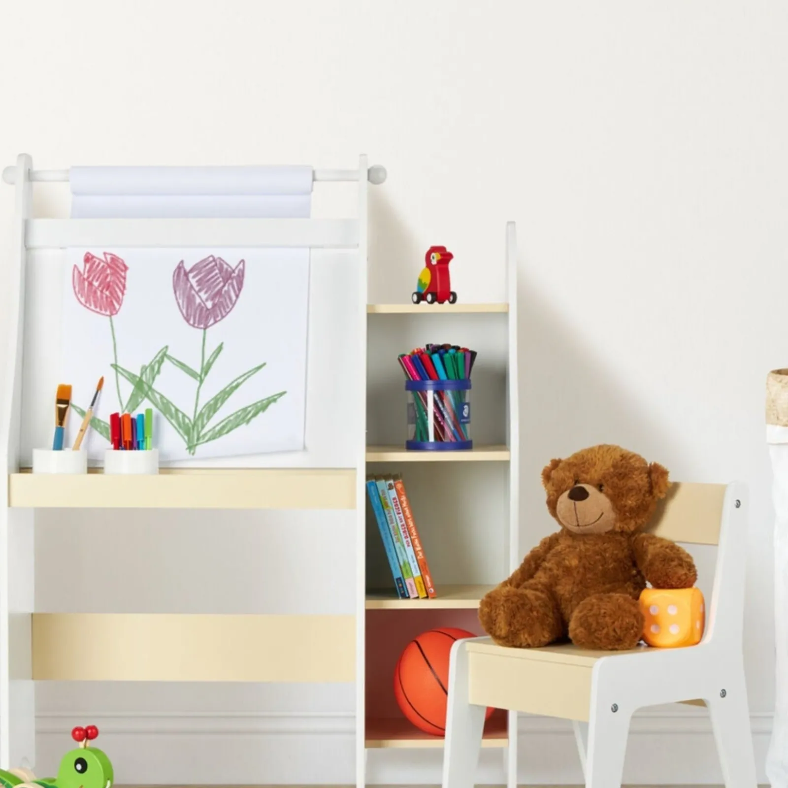 Little Helper Montessori Toys & Products | Easels & Accessories | 5-in-1 Montessori Compact Kids Desk | Easel | Sling Bookcase | Bookshelf | Storage & Stool | White