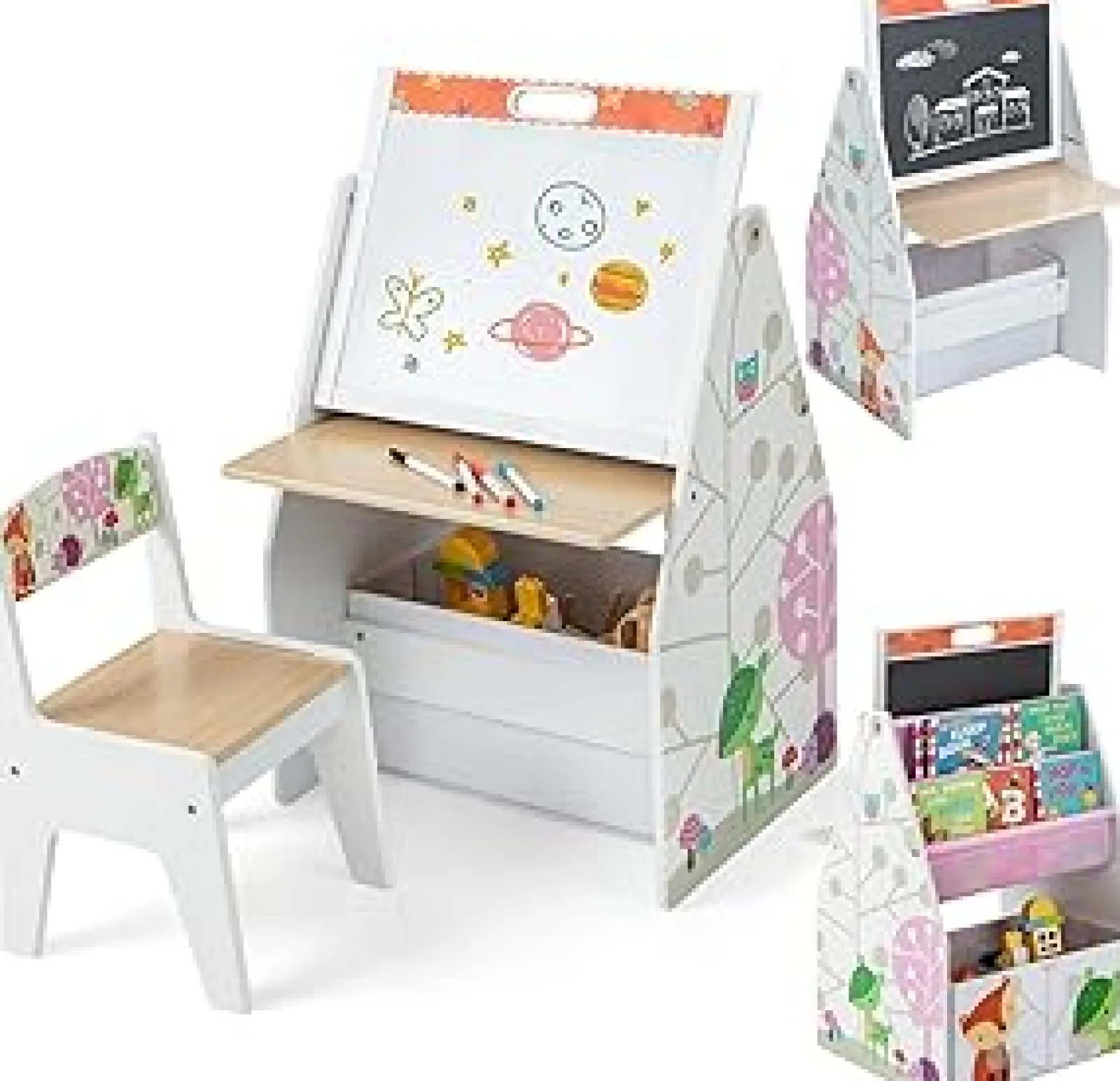 Little Helper Montessori Toys & Products | Easels & Accessories | 5-in-1 Montessori Compact Kids Easel | Desk & Ergonomic Chair | Sling Bookcase | Bookshelf | Storage | White