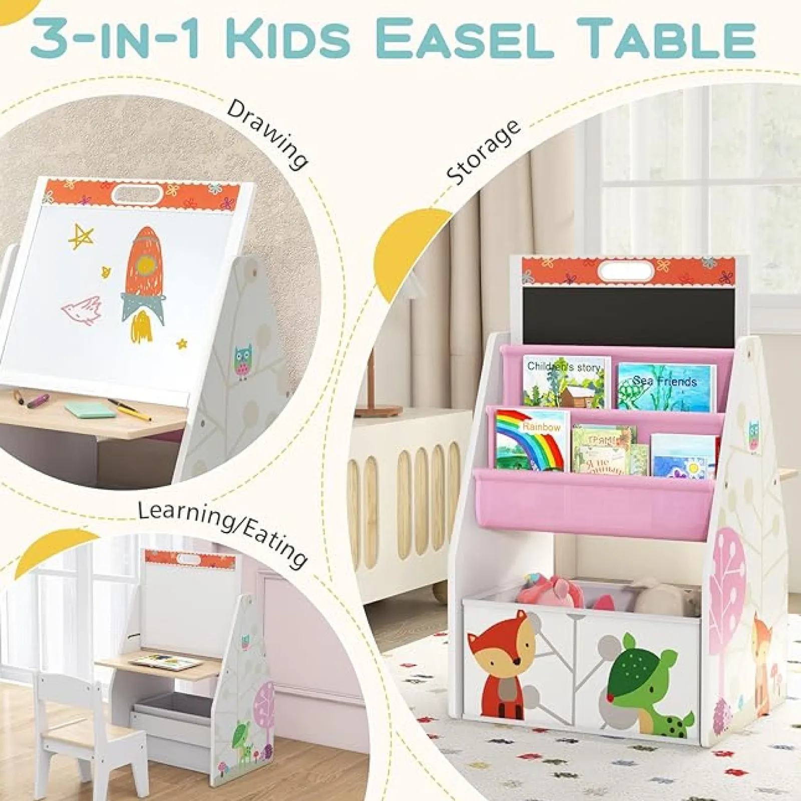 Little Helper Montessori Toys & Products | Easels & Accessories | 5-in-1 Montessori Compact Kids Easel | Desk & Ergonomic Chair | Sling Bookcase | Bookshelf | Storage | White