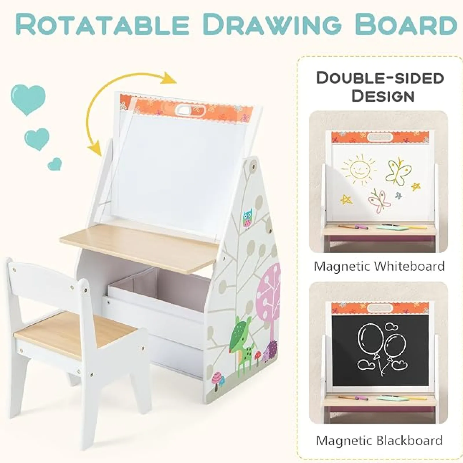 Little Helper Montessori Toys & Products | Easels & Accessories | 5-in-1 Montessori Compact Kids Easel | Desk & Ergonomic Chair | Sling Bookcase | Bookshelf | Storage | White
