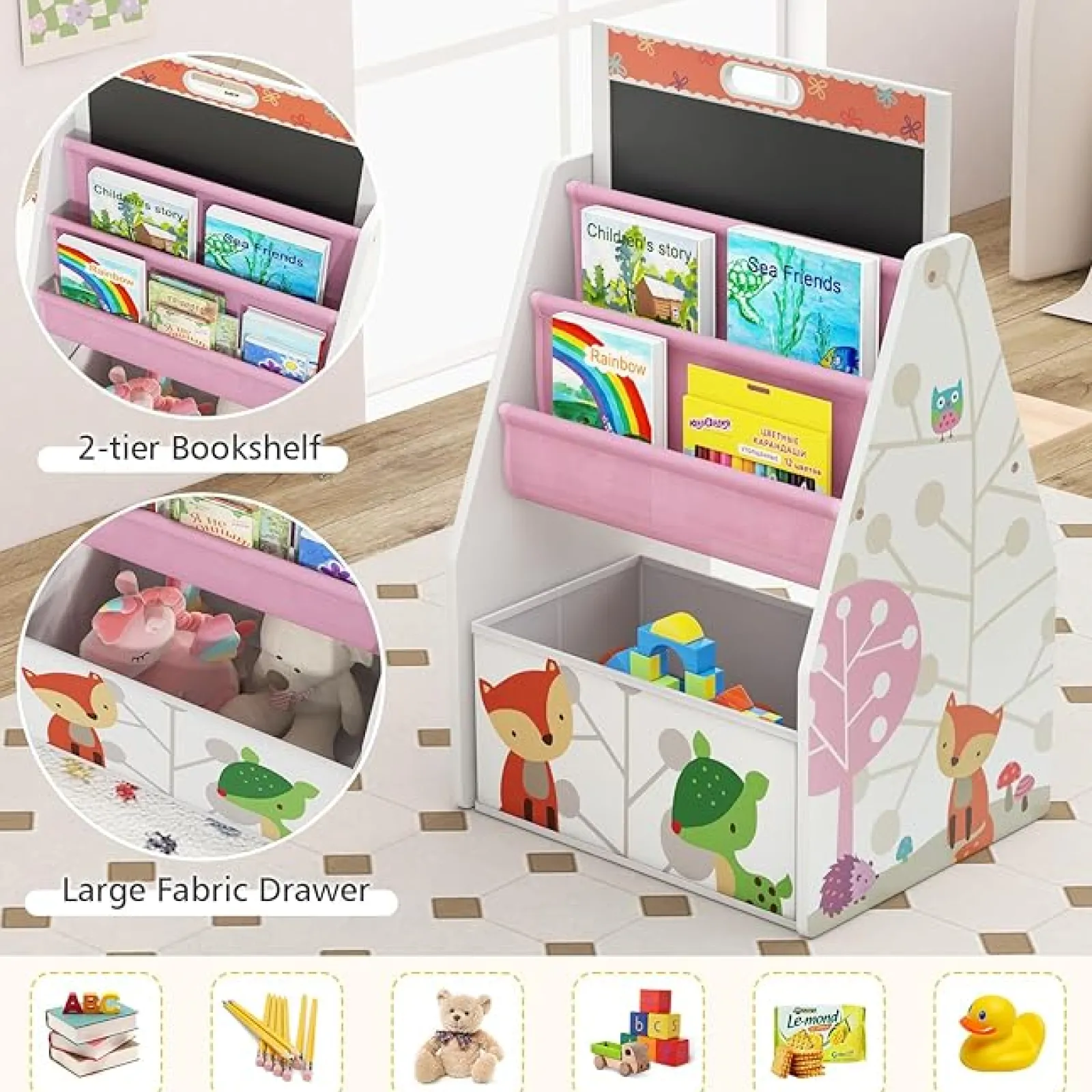 Little Helper Montessori Toys & Products | Easels & Accessories | 5-in-1 Montessori Compact Kids Easel | Desk & Ergonomic Chair | Sling Bookcase | Bookshelf | Storage | White