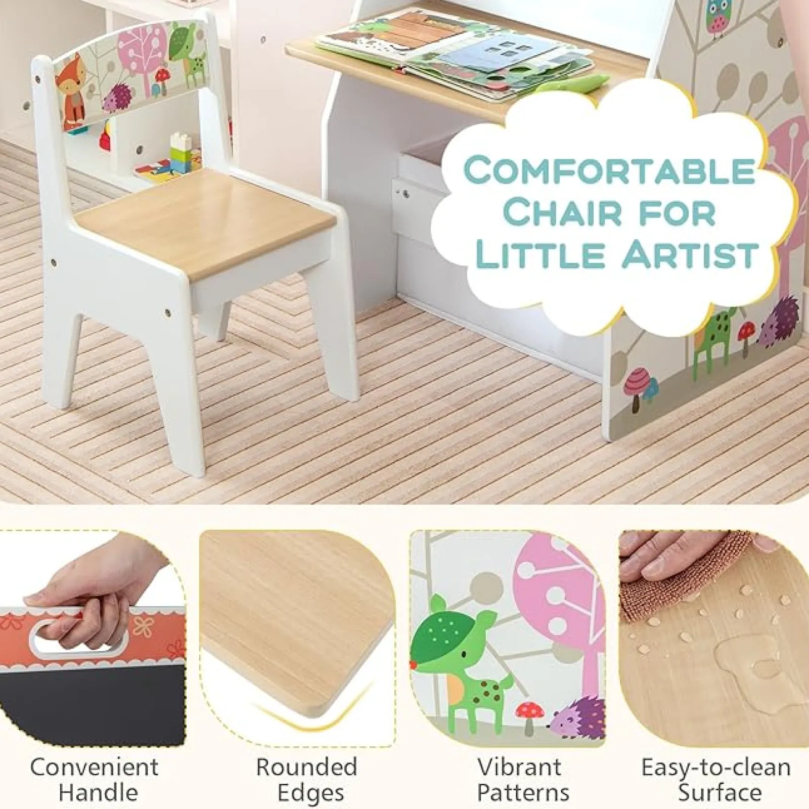 Little Helper Montessori Toys & Products | Easels & Accessories | 5-in-1 Montessori Compact Kids Easel | Desk & Ergonomic Chair | Sling Bookcase | Bookshelf | Storage | White