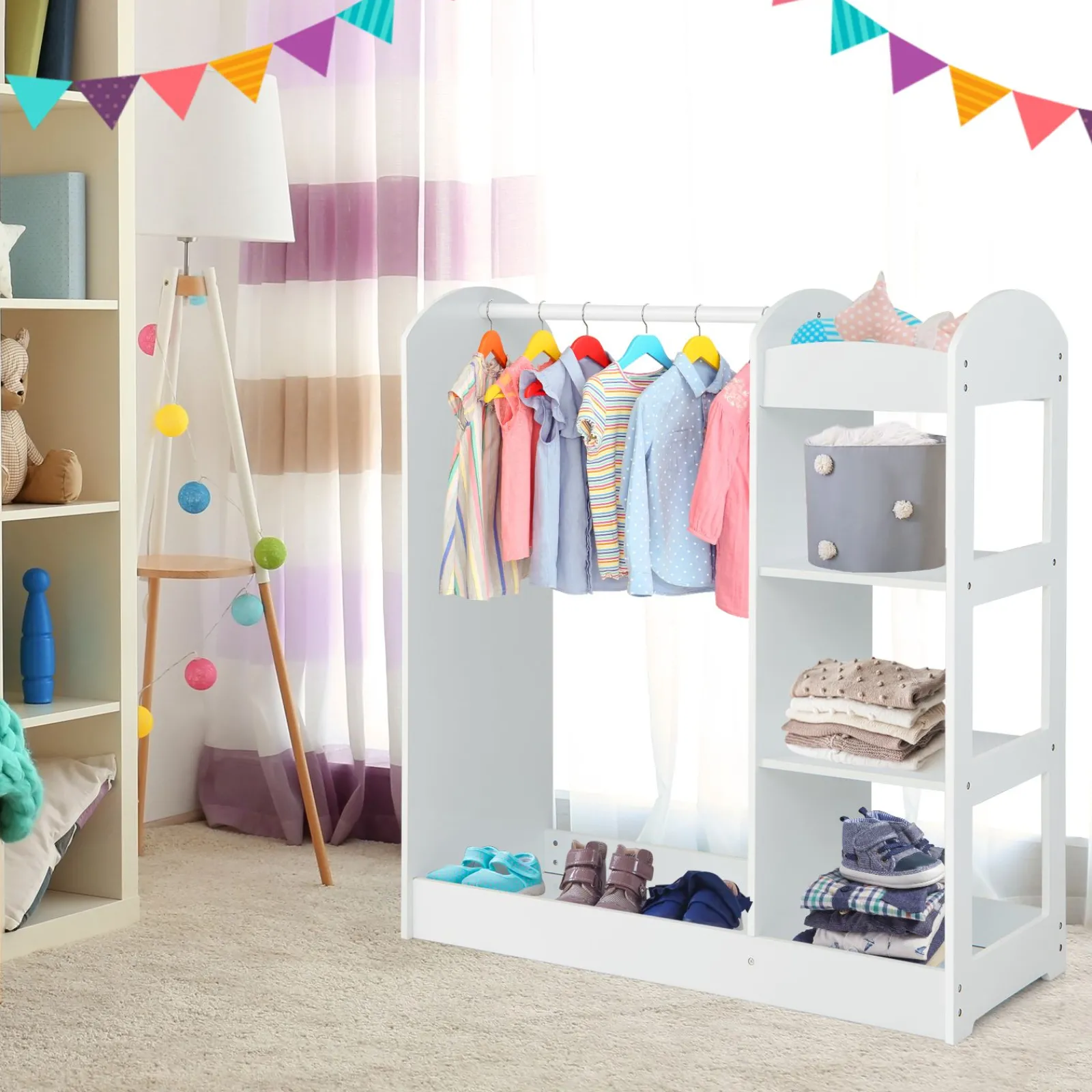 Little Helper Montessori Toys & Products | Clothes Rail & Dressing Up Rails | 3-in-1 Montessori Dress Up & Clothes Rail | 4 Shelves | Mirror & Storage | Pink or White | 1m High