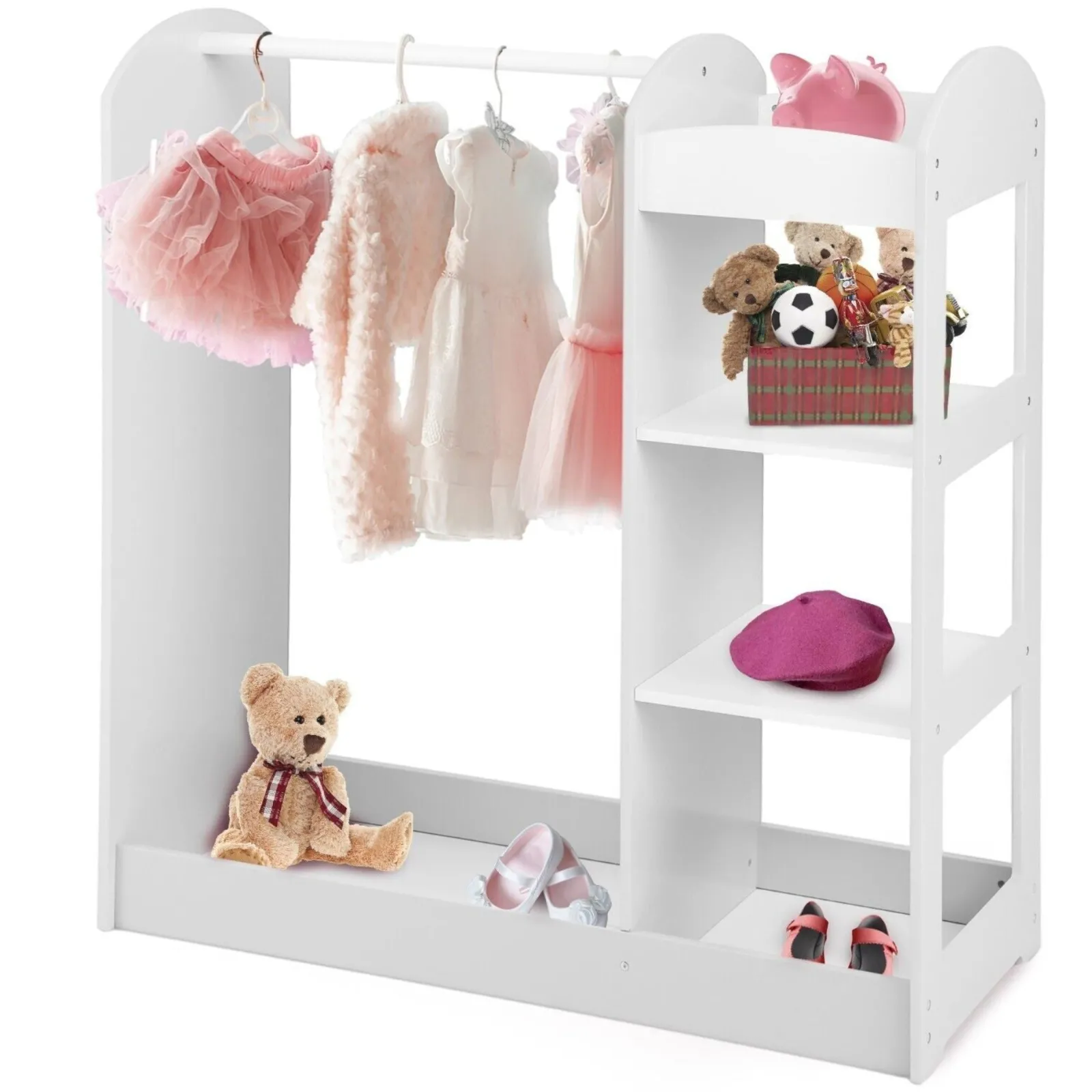 Little Helper Montessori Toys & Products | Clothes Rail & Dressing Up Rails | 3-in-1 Montessori Dress Up & Clothes Rail | 4 Shelves | Mirror & Storage | Pink or White | 1m High