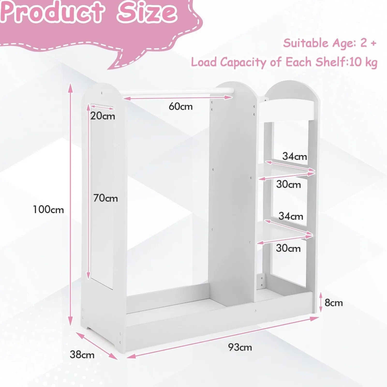 Little Helper Montessori Toys & Products | Clothes Rail & Dressing Up Rails | 3-in-1 Montessori Dress Up & Clothes Rail | 4 Shelves | Mirror & Storage | Pink or White | 1m High