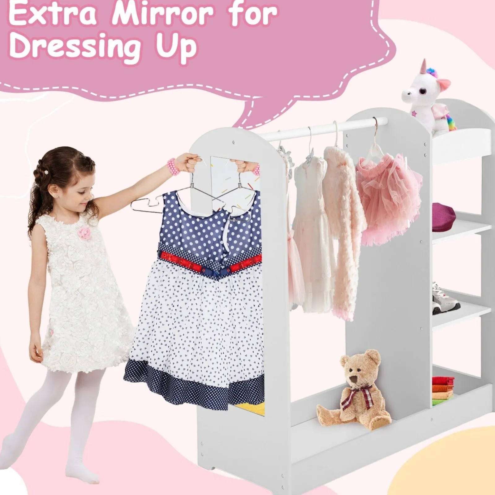 Little Helper Montessori Toys & Products | Clothes Rail & Dressing Up Rails | 3-in-1 Montessori Dress Up & Clothes Rail | 4 Shelves | Mirror & Storage | Pink or White | 1m High