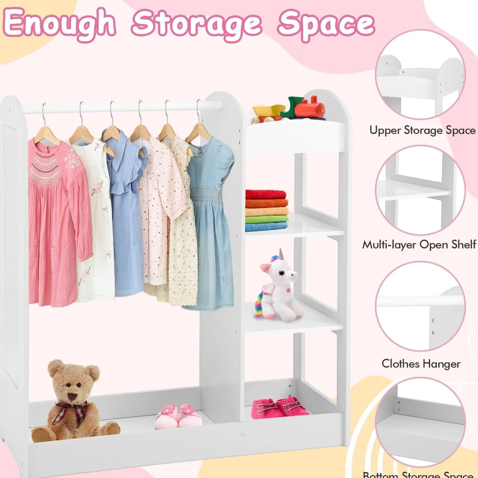 Little Helper Montessori Toys & Products | Clothes Rail & Dressing Up Rails | 3-in-1 Montessori Dress Up & Clothes Rail | 4 Shelves | Mirror & Storage | Pink or White | 1m High