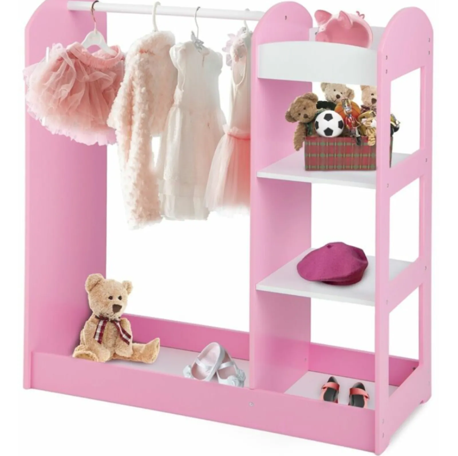Little Helper Montessori Toys & Products | Clothes Rail & Dressing Up Rails | 3-in-1 Montessori Dress Up & Clothes Rail | 4 Shelves | Mirror & Storage | Pink or White | 1m High
