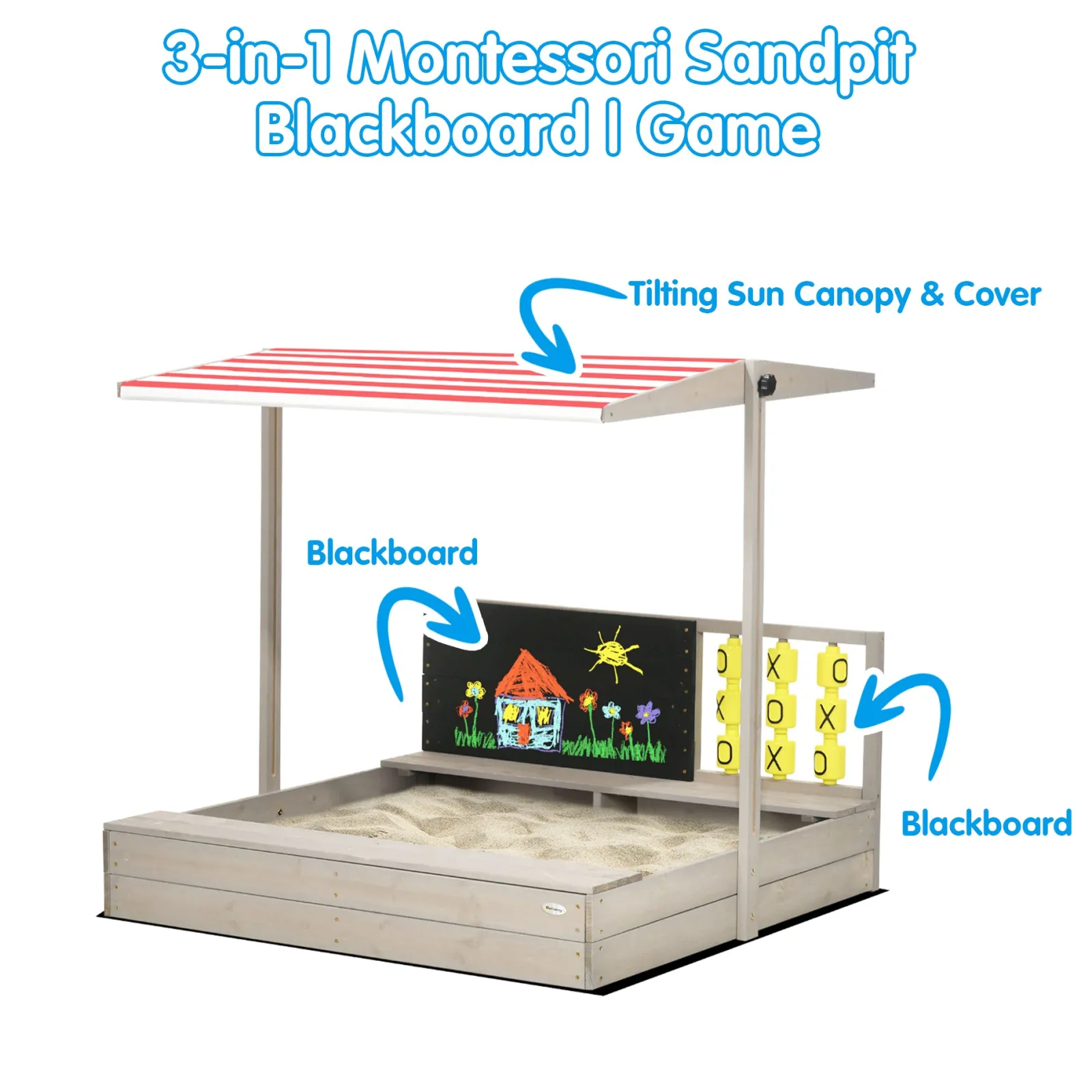 Little Helper Sand & Water Table & Sandpits & Mud Kitchens | Toy Kitchens | 3-in-1 Montessori Eco Natural Fir Wood Sandpit | Blackboard | Game with Sun Canopy & Cover | 3-8 Years