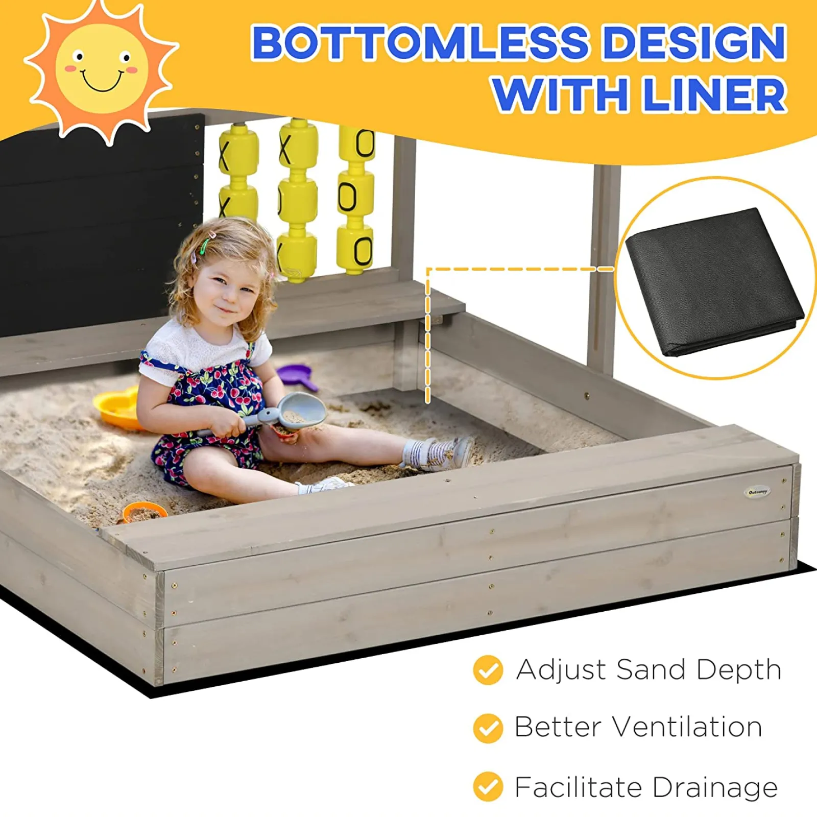 Little Helper Sand & Water Table & Sandpits & Mud Kitchens | Toy Kitchens | 3-in-1 Montessori Eco Natural Fir Wood Sandpit | Blackboard | Game with Sun Canopy & Cover | 3-8 Years