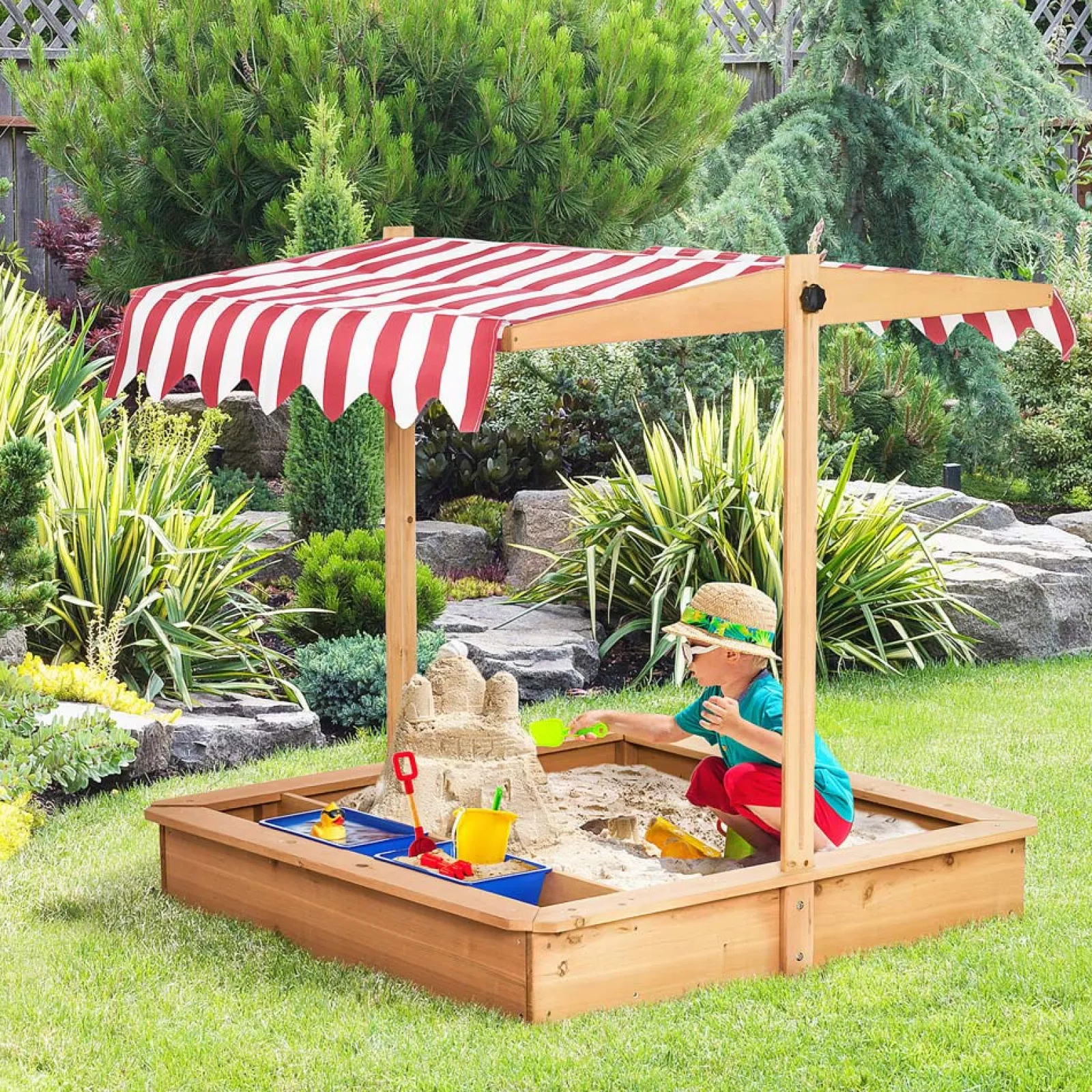 Little Helper Sand & Water Table & Sandpits & Mud Kitchens | Toy Kitchens | 2-in-1 Montessori Eco Natural Fir Wood Sandpit | Water Play | Sun Canopy & Cover | 3-7 Years
