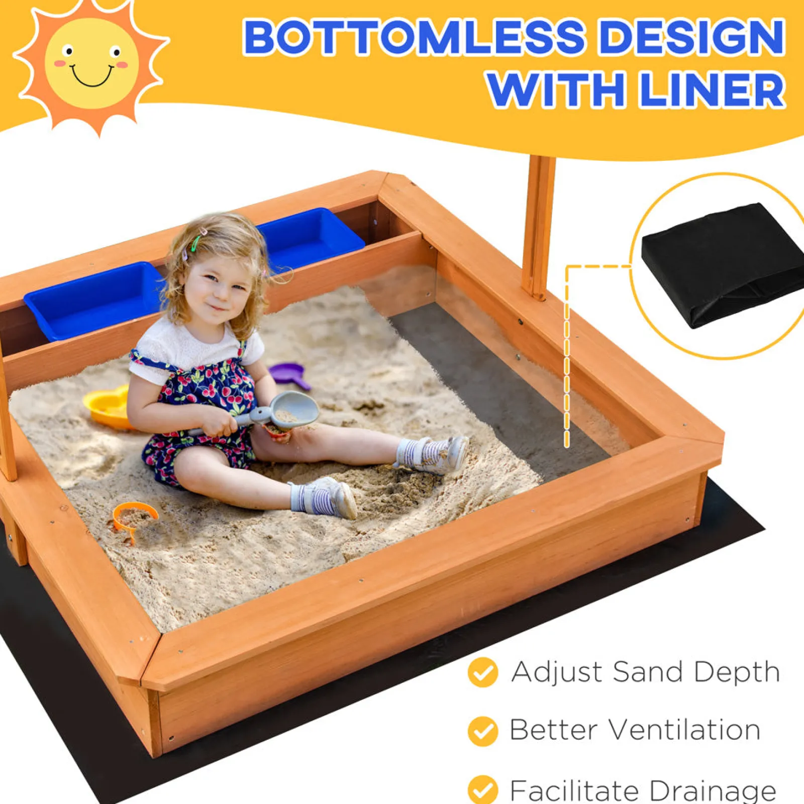 Little Helper Sand & Water Table & Sandpits & Mud Kitchens | Toy Kitchens | 2-in-1 Montessori Eco Natural Fir Wood Sandpit | Water Play | Sun Canopy & Cover | 3-7 Years