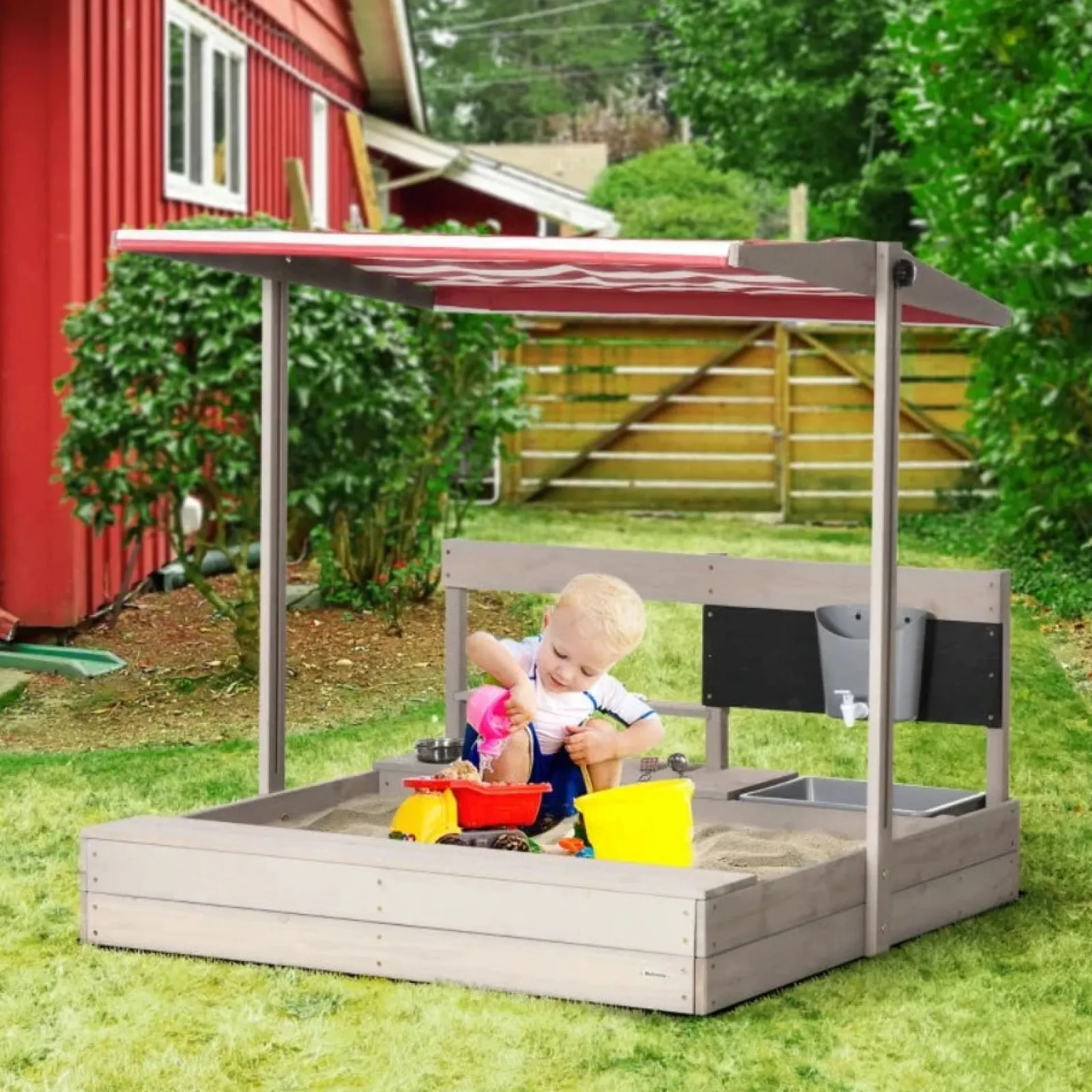 Little Helper Sand & Water Table & Sandpits & Mud Kitchens | Toy Kitchens | 3-in-1 Montessori Eco Natural Fir Wood Sandpit, Mud Kitchen and Water Play with Sun Canopy & Cover | 3-8 Years