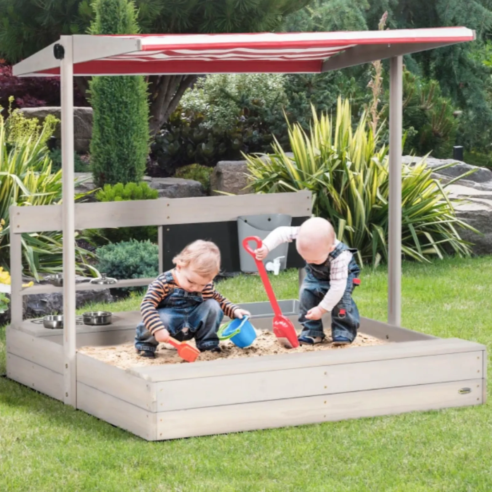 Little Helper Sand & Water Table & Sandpits & Mud Kitchens | Toy Kitchens | 3-in-1 Montessori Eco Natural Fir Wood Sandpit, Mud Kitchen and Water Play with Sun Canopy & Cover | 3-8 Years