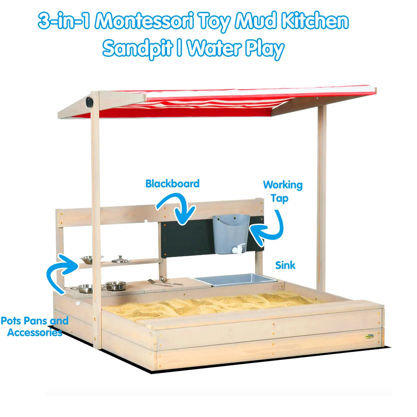 Little Helper Sand & Water Table & Sandpits & Mud Kitchens | Toy Kitchens | 3-in-1 Montessori Eco Natural Fir Wood Sandpit, Mud Kitchen and Water Play with Sun Canopy & Cover | 3-8 Years