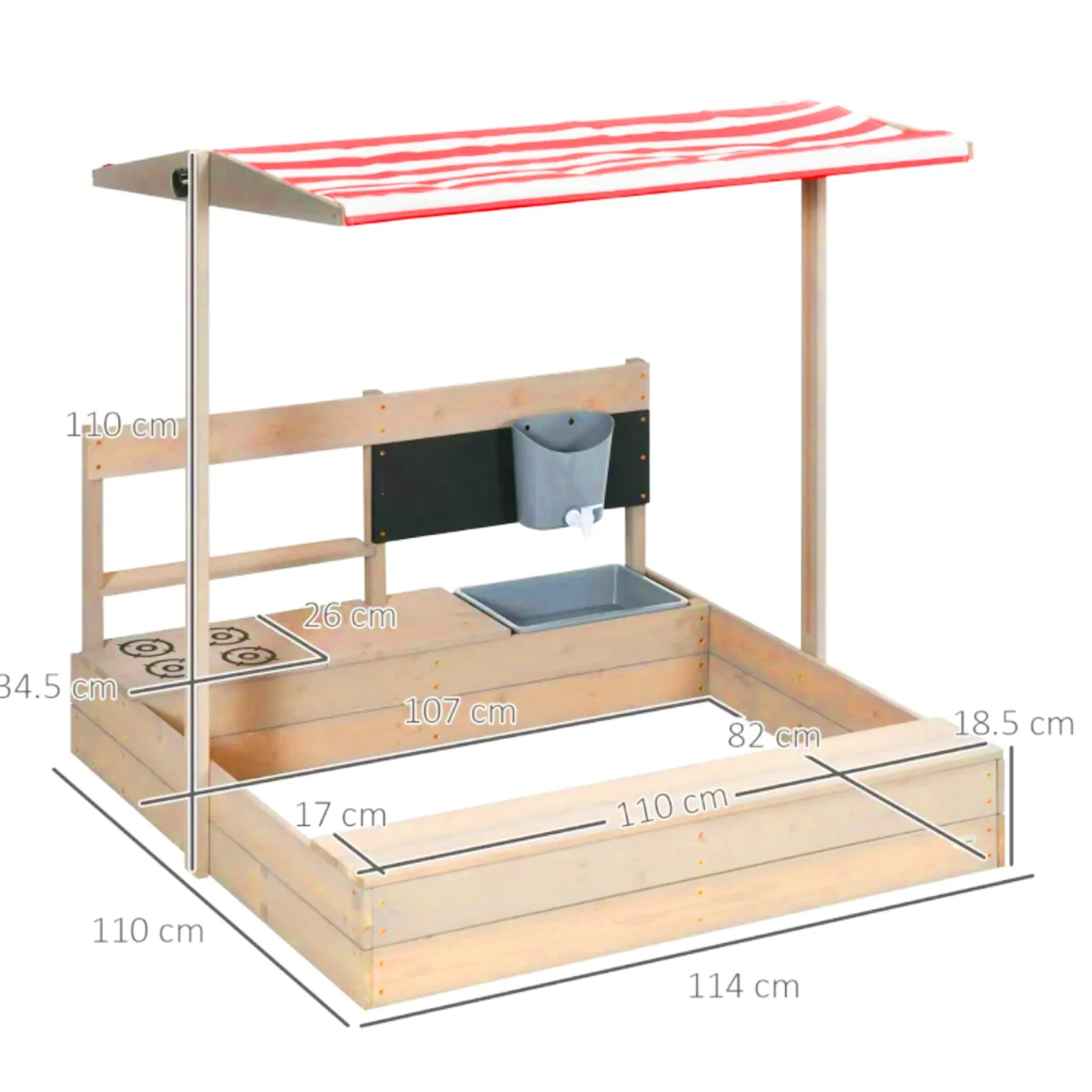 Little Helper Sand & Water Table & Sandpits & Mud Kitchens | Toy Kitchens | 3-in-1 Montessori Eco Natural Fir Wood Sandpit, Mud Kitchen and Water Play with Sun Canopy & Cover | 3-8 Years