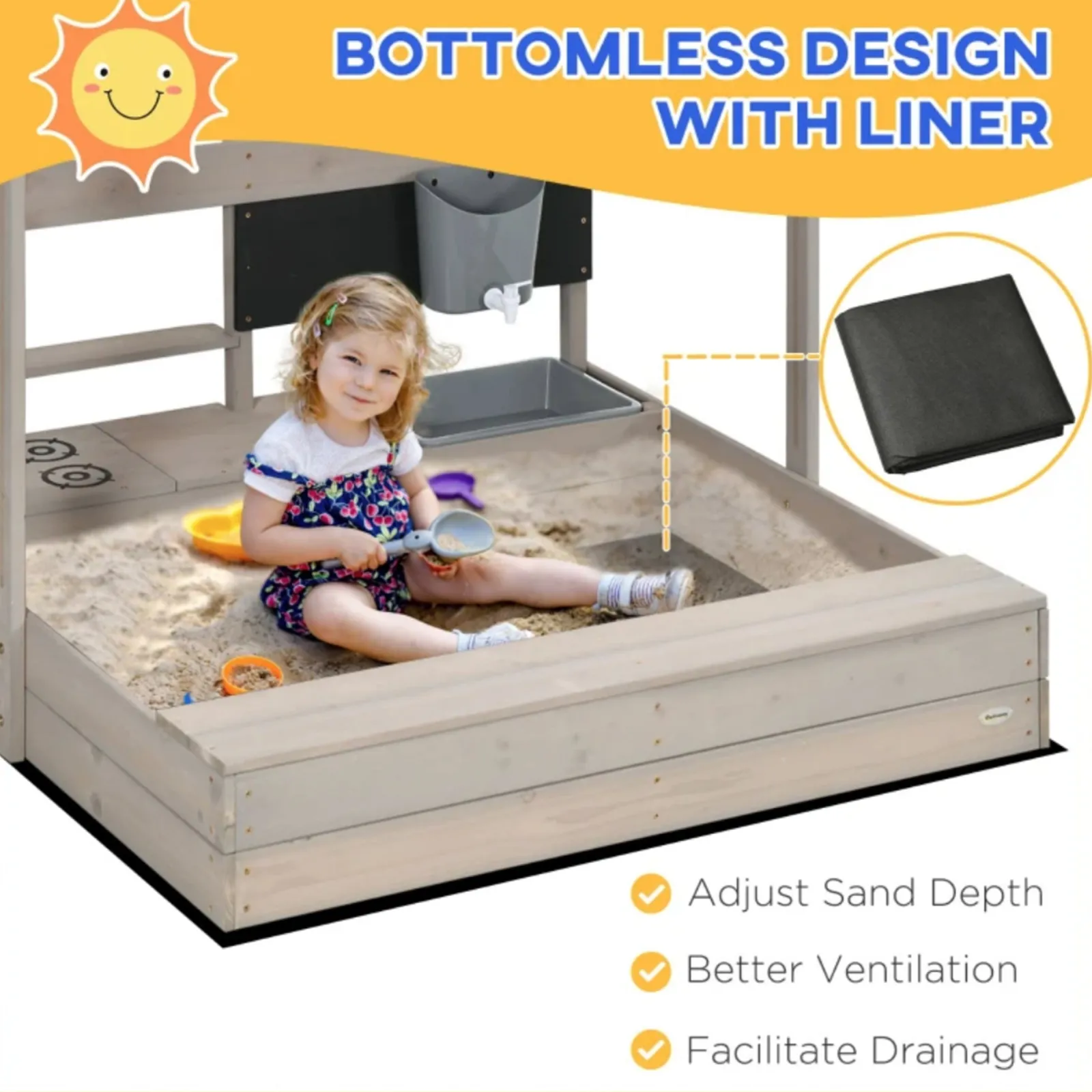 Little Helper Sand & Water Table & Sandpits & Mud Kitchens | Toy Kitchens | 3-in-1 Montessori Eco Natural Fir Wood Sandpit, Mud Kitchen and Water Play with Sun Canopy & Cover | 3-8 Years