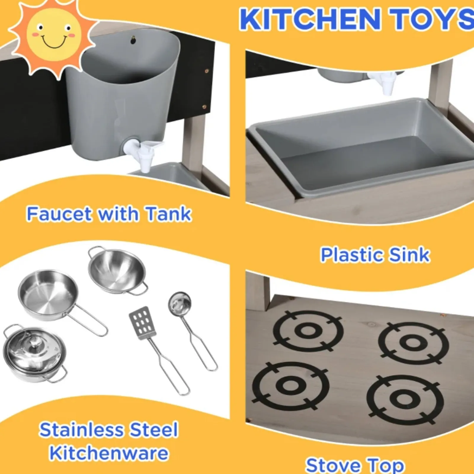 Little Helper Sand & Water Table & Sandpits & Mud Kitchens | Toy Kitchens | 3-in-1 Montessori Eco Natural Fir Wood Sandpit, Mud Kitchen and Water Play with Sun Canopy & Cover | 3-8 Years