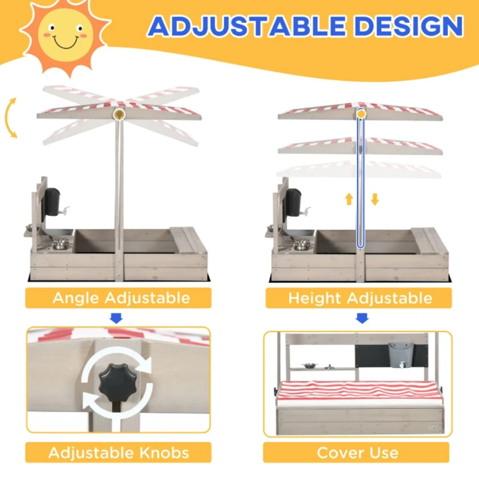 Little Helper Sand & Water Table & Sandpits & Mud Kitchens | Toy Kitchens | 3-in-1 Montessori Eco Natural Fir Wood Sandpit, Mud Kitchen and Water Play with Sun Canopy & Cover | 3-8 Years