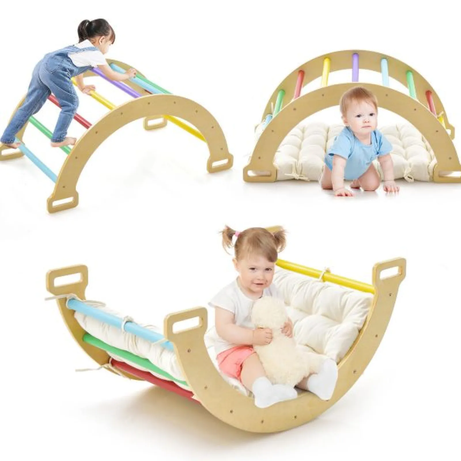 Little Helper Swing & Slide Sets & Garden Play & Trampolines | Kids Climbing Frames & Activity Toys | 5-in-1 Montessori Eco Wood Pikler Climbing Frame | Rocker w/ Cushion | Den | Shop Front