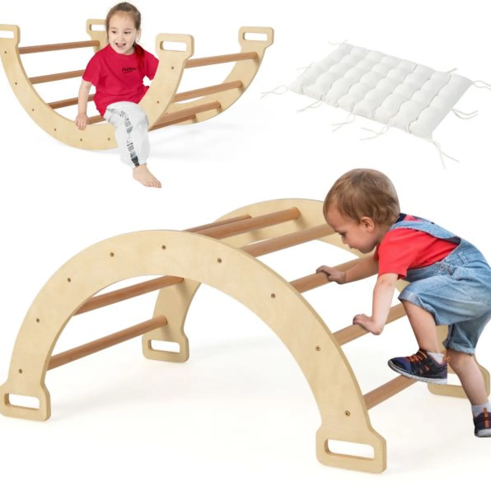 Little Helper Kids Climbing Frames & Activity Toys | Activity Toys | 5-in-1 Montessori Eco Wood Pikler Climbing Frame | Rocker w/ Cushion | Den | Shop Front | 12m+ | Natural