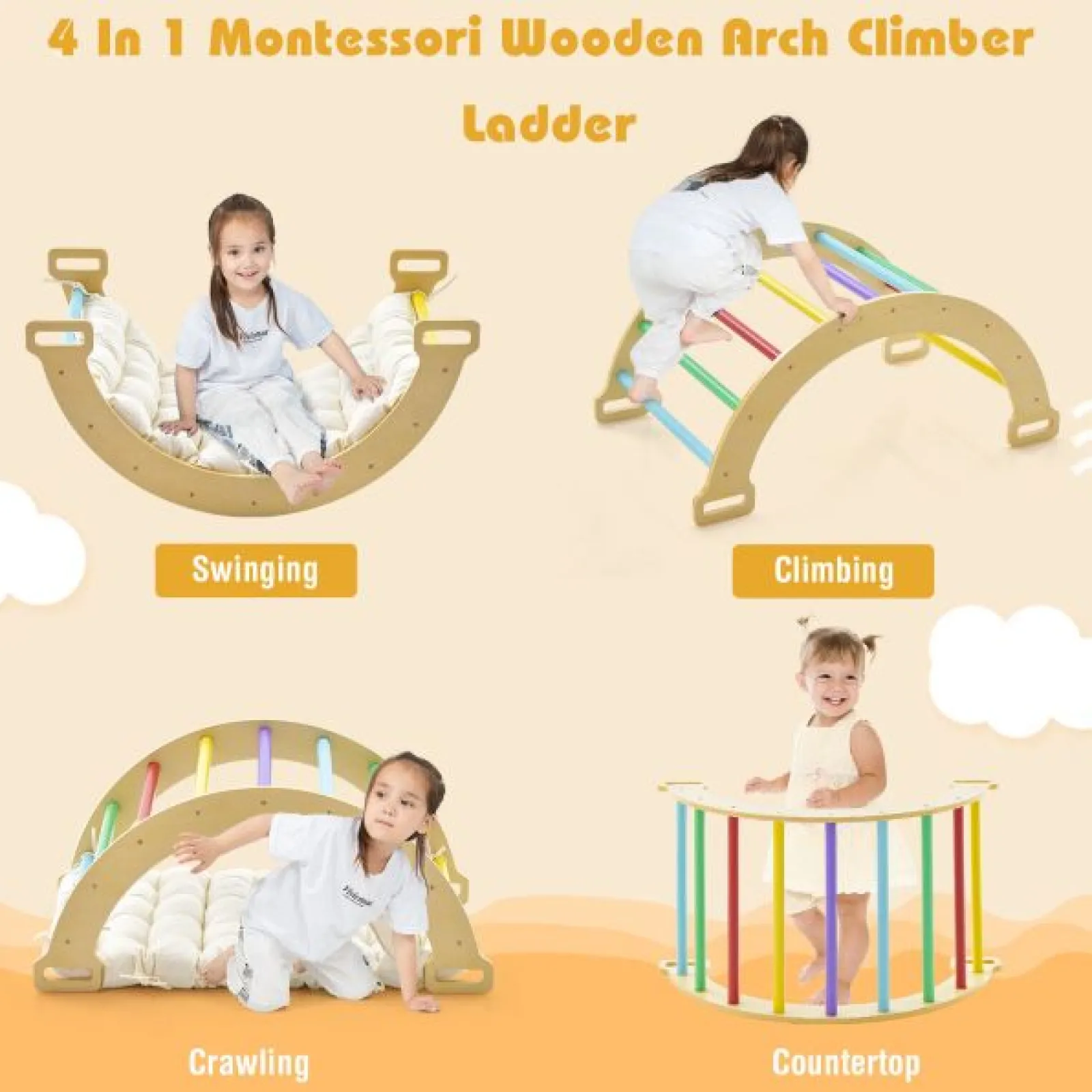 Little Helper Kids Climbing Frames & Activity Toys | Activity Toys | 5-in-1 Montessori Eco Wood Pikler Climbing Frame | Rocker w/ Cushion | Den | Shop Front | 12m+ | Natural