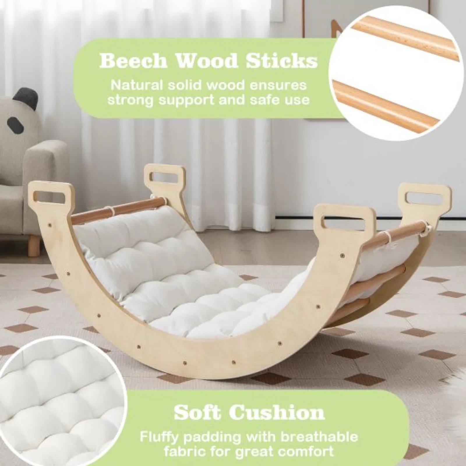Little Helper Kids Climbing Frames & Activity Toys | Activity Toys | 5-in-1 Montessori Eco Wood Pikler Climbing Frame | Rocker w/ Cushion | Den | Shop Front | 12m+ | Natural