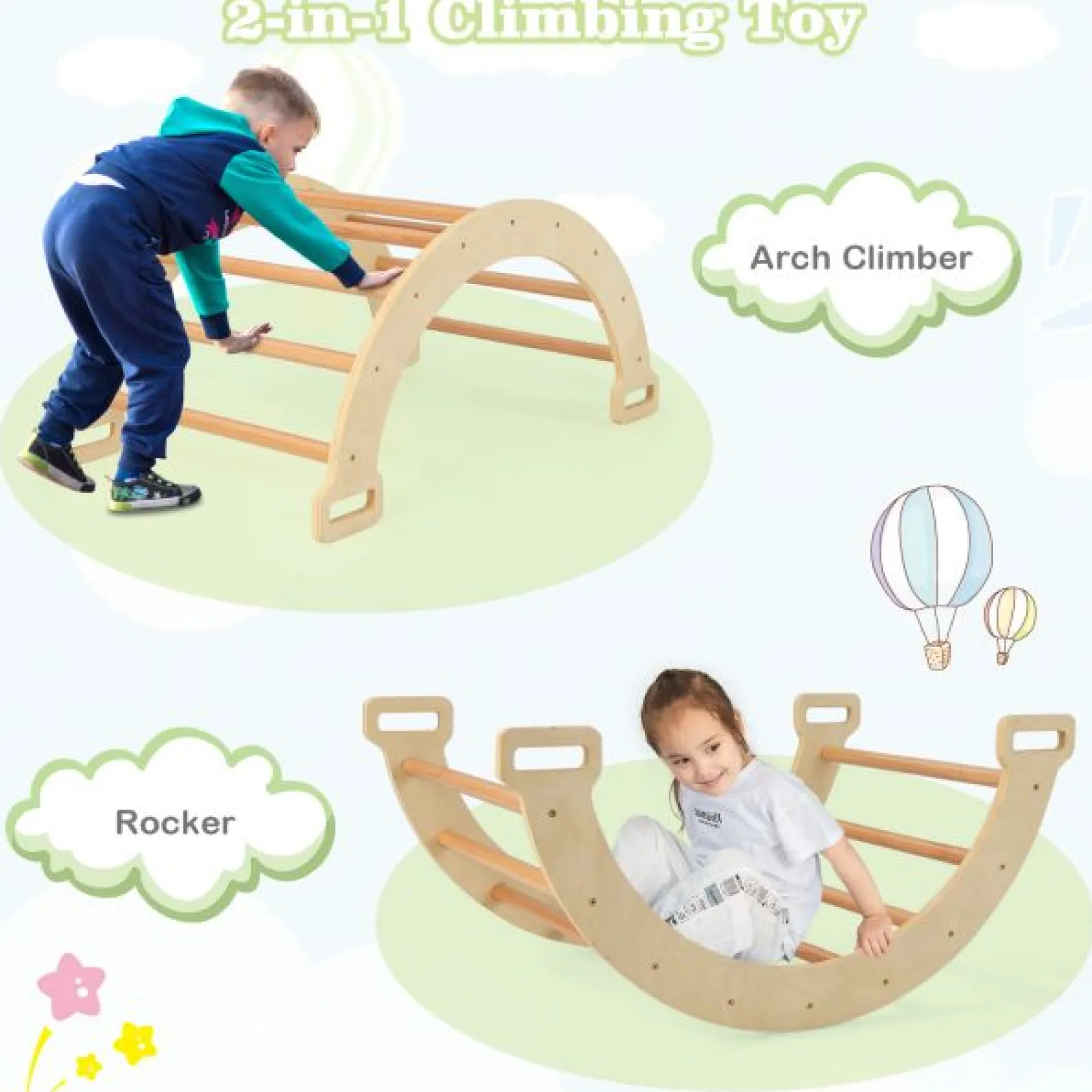 Little Helper Kids Climbing Frames & Activity Toys | Activity Toys | 5-in-1 Montessori Eco Wood Pikler Climbing Frame | Rocker w/ Cushion | Den | Shop Front | 12m+ | Natural