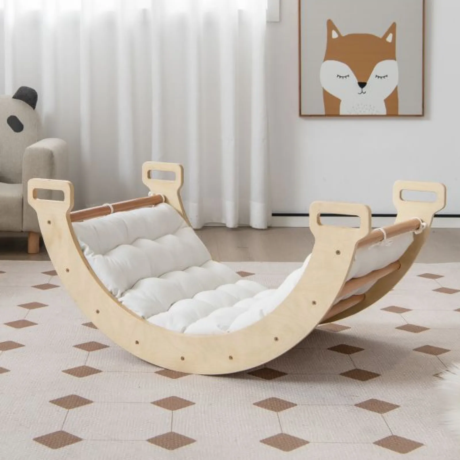 Little Helper Kids Climbing Frames & Activity Toys | Activity Toys | 5-in-1 Montessori Eco Wood Pikler Climbing Frame | Rocker w/ Cushion | Den | Shop Front | 12m+ | Natural
