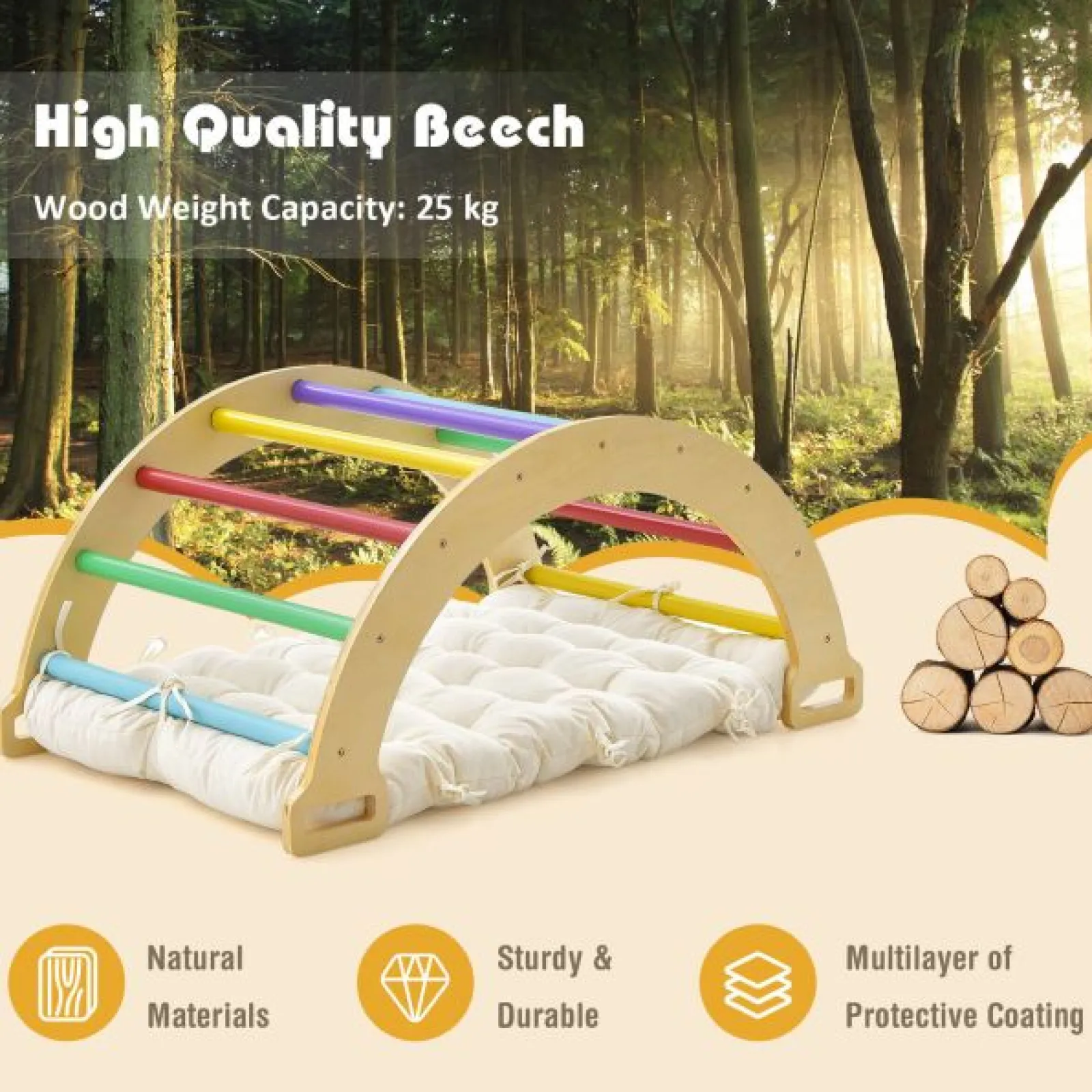 Little Helper Kids Climbing Frames & Activity Toys | Activity Toys | 5-in-1 Montessori Eco Wood Pikler Climbing Frame | Rocker w/ Cushion | Den | Shop Front | 12m+ | Natural