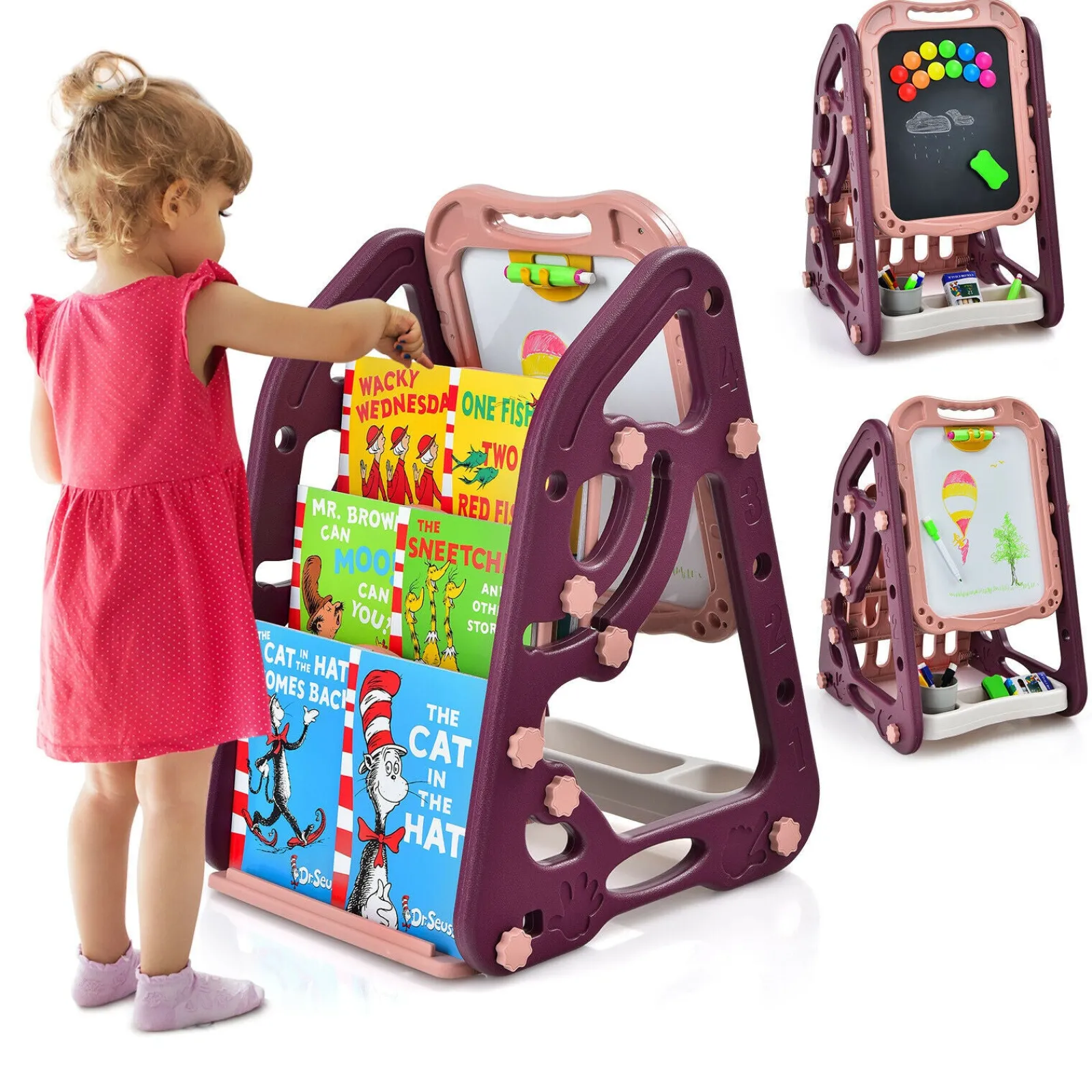 Little Helper Easels & Accessories | Kids Easels & Accessories | 3-in-1 Montessori Height Adjustable Childrens Easel Magnetic Whiteboard Chalkboard & Bookcase | 26 Accessories