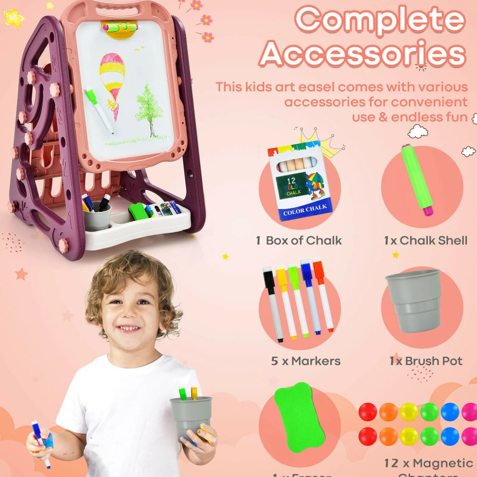 Little Helper Easels & Accessories | Kids Easels & Accessories | 3-in-1 Montessori Height Adjustable Childrens Easel Magnetic Whiteboard Chalkboard & Bookcase | 26 Accessories