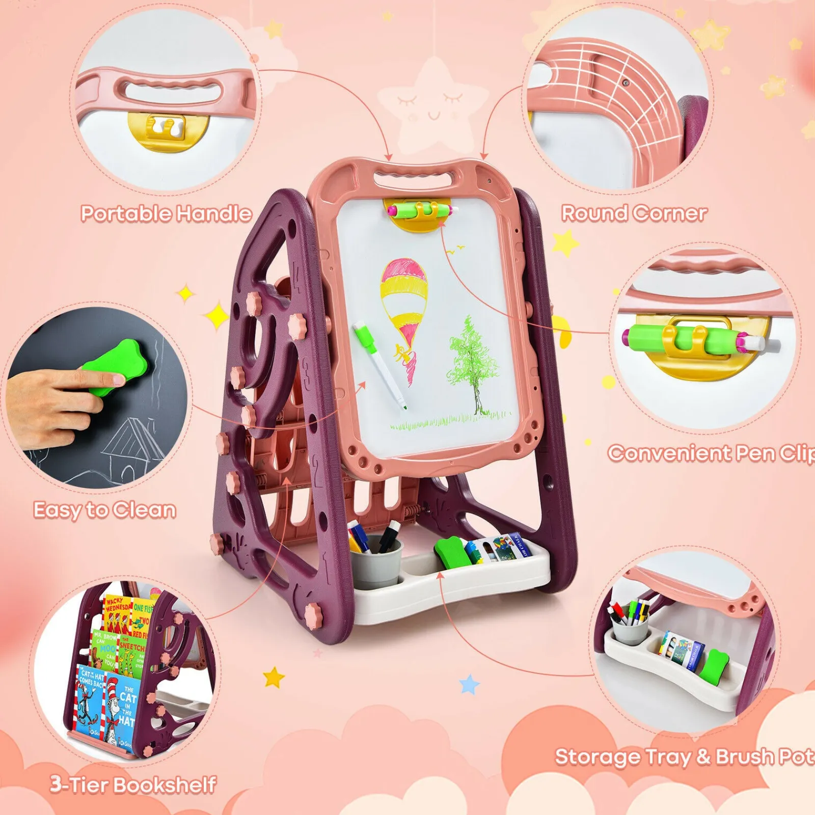 Little Helper Easels & Accessories | Kids Easels & Accessories | 3-in-1 Montessori Height Adjustable Childrens Easel Magnetic Whiteboard Chalkboard & Bookcase | 26 Accessories