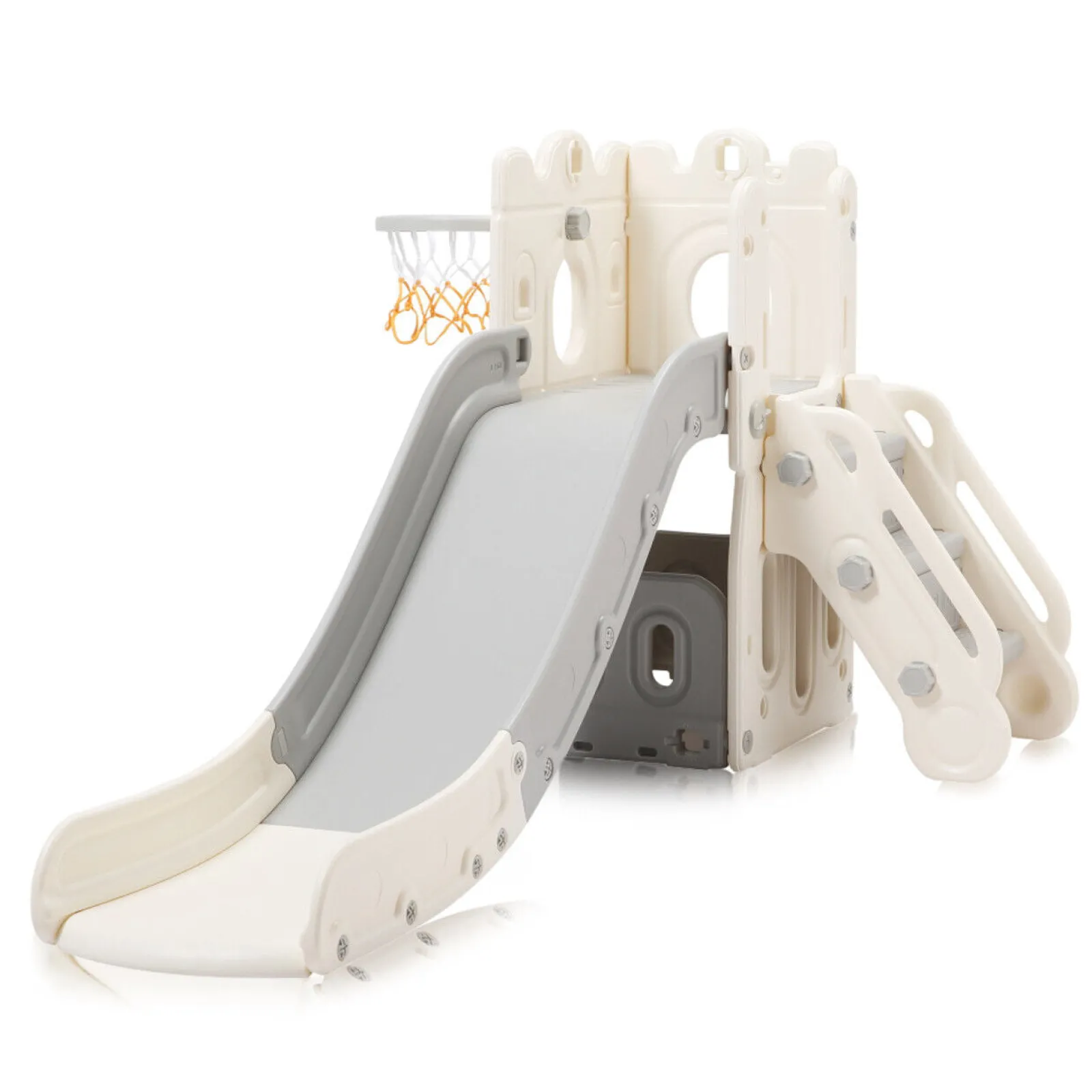 Little Helper Swing & Slide Sets & Garden Play & Trampolines | 4-in-1 Montessori Slide Set | Basketball Hoop | Indoor or Outdoor | White & Grey | 12m +