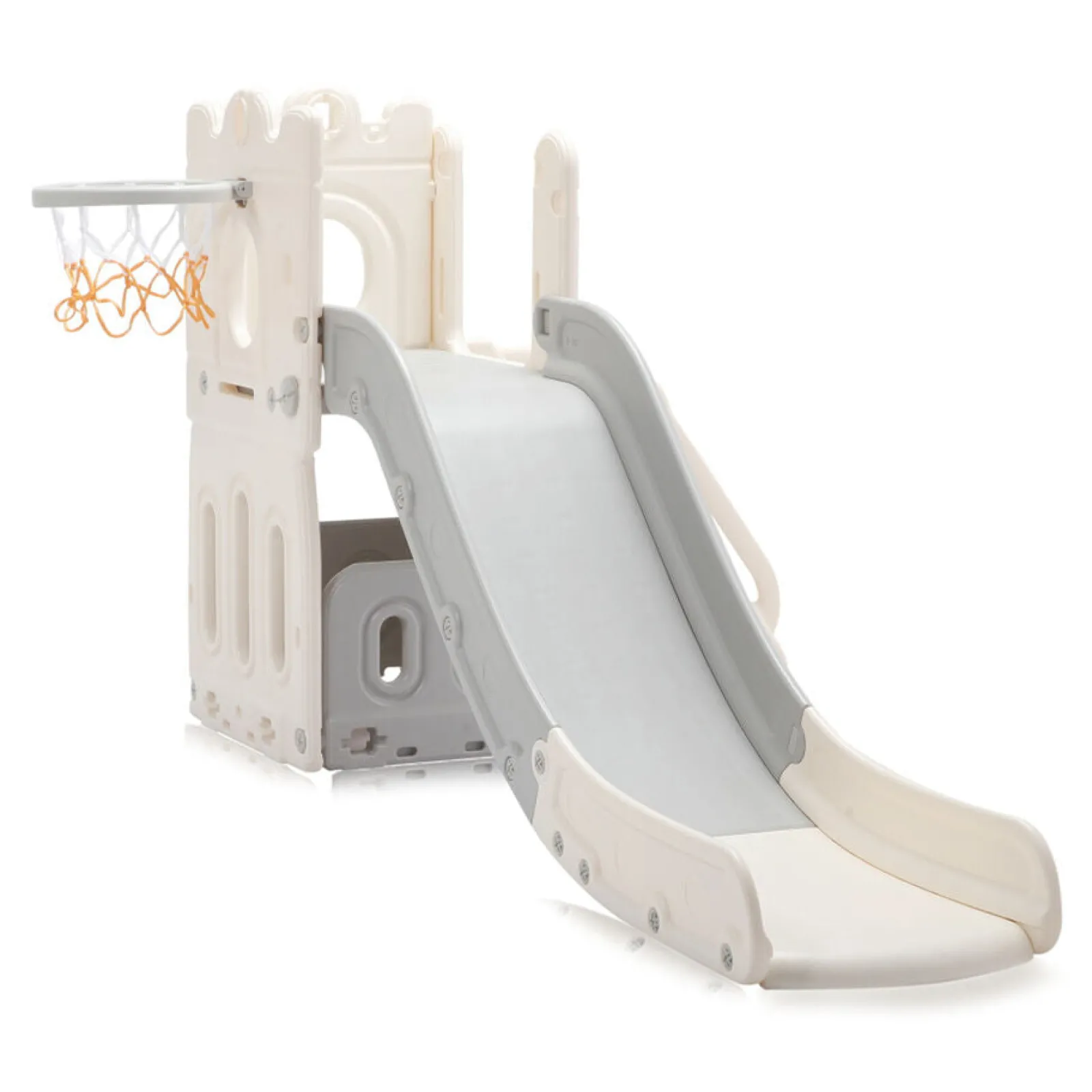 Little Helper Swing & Slide Sets & Garden Play & Trampolines | 4-in-1 Montessori Slide Set | Basketball Hoop | Indoor or Outdoor | White & Grey | 12m +
