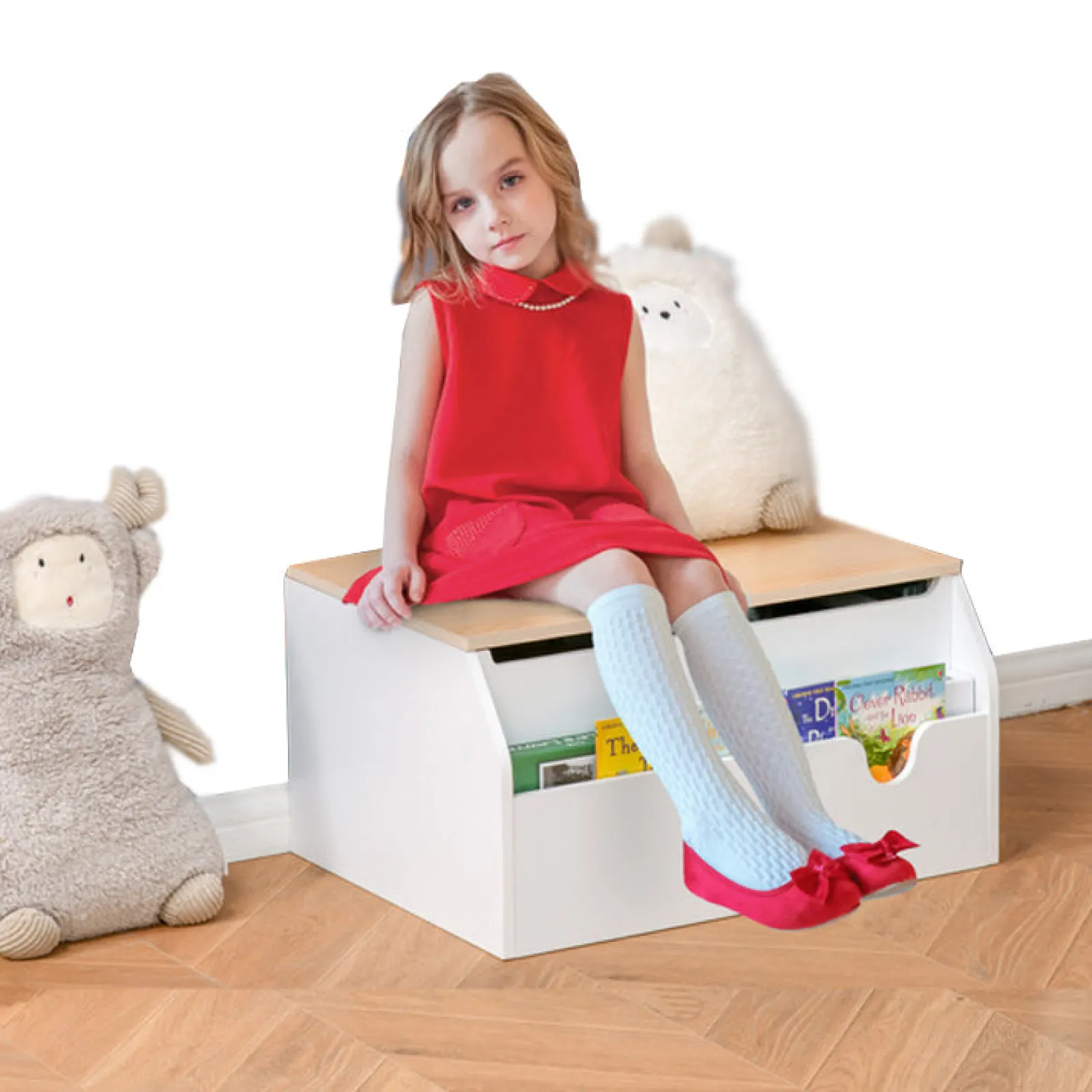 Little Helper Montessori Toys & Products | Bookcases & Kids Bookshelves | 3-in-1 Montessori Toy Box, Bookshelf & Seat with Child Safety Hinge | White | 58L x 43W x 30H cm