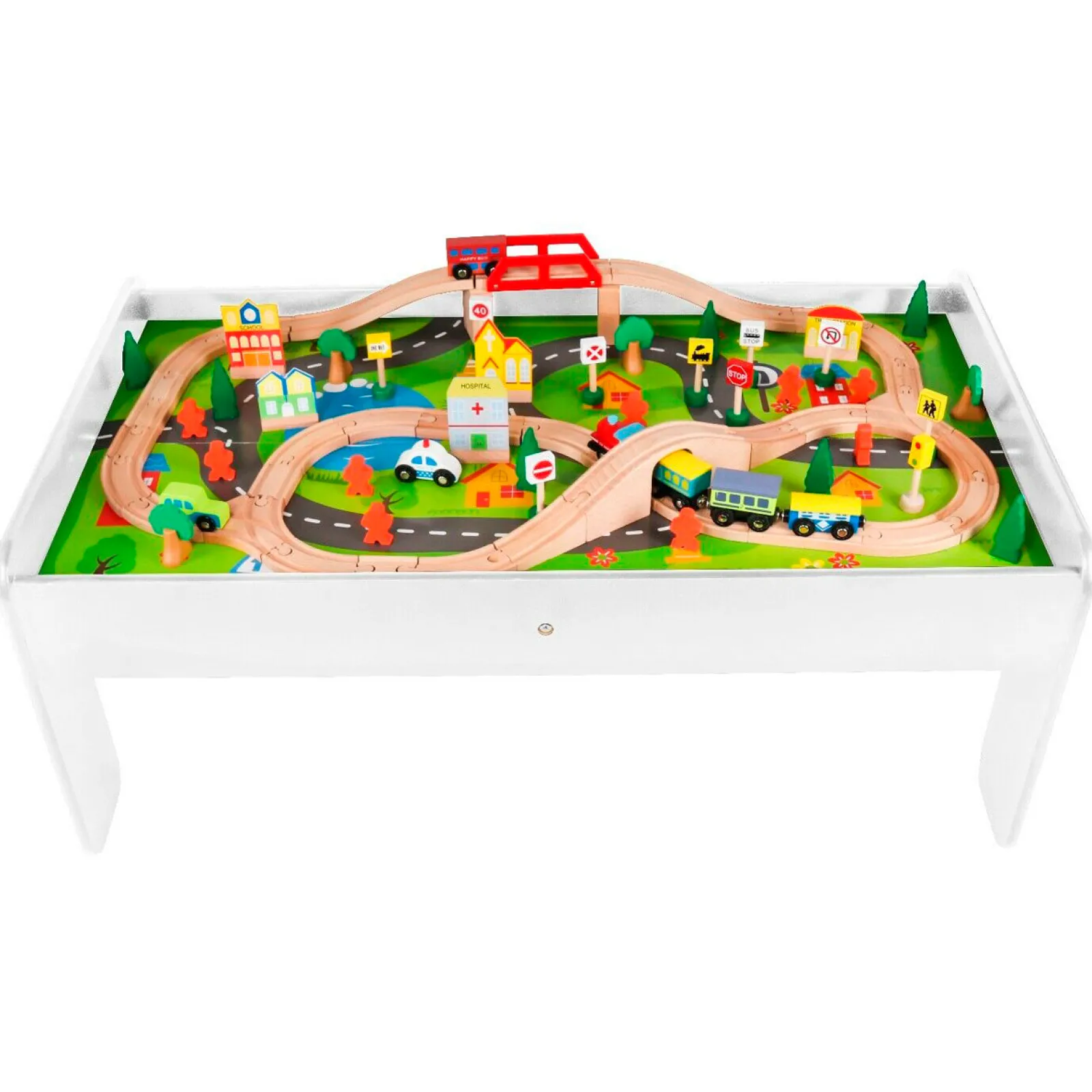 Little Helper Role Play Toys & Pretend Play | Montessori Toys & Products | 2-in-1 Montessori Wooden Train Table & City Play Table | 90pc Train Set | White