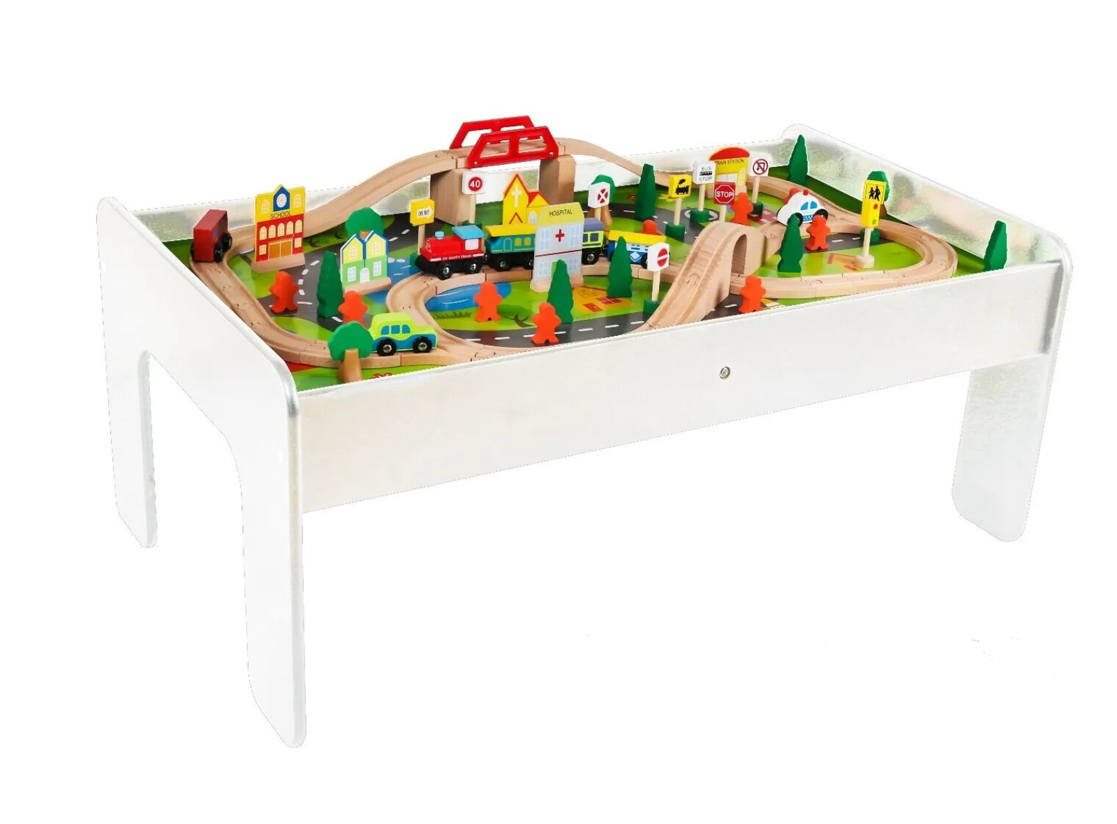 Little Helper Role Play Toys & Pretend Play | Montessori Toys & Products | 2-in-1 Montessori Wooden Train Table & City Play Table | 90pc Train Set | White