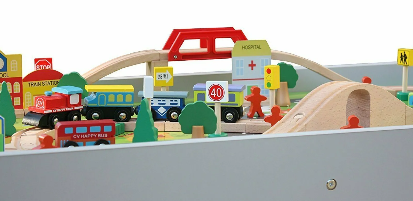 Little Helper Role Play Toys & Pretend Play | Montessori Toys & Products | 2-in-1 Montessori Wooden Train Table & City Play Table | 90pc Train Set | White