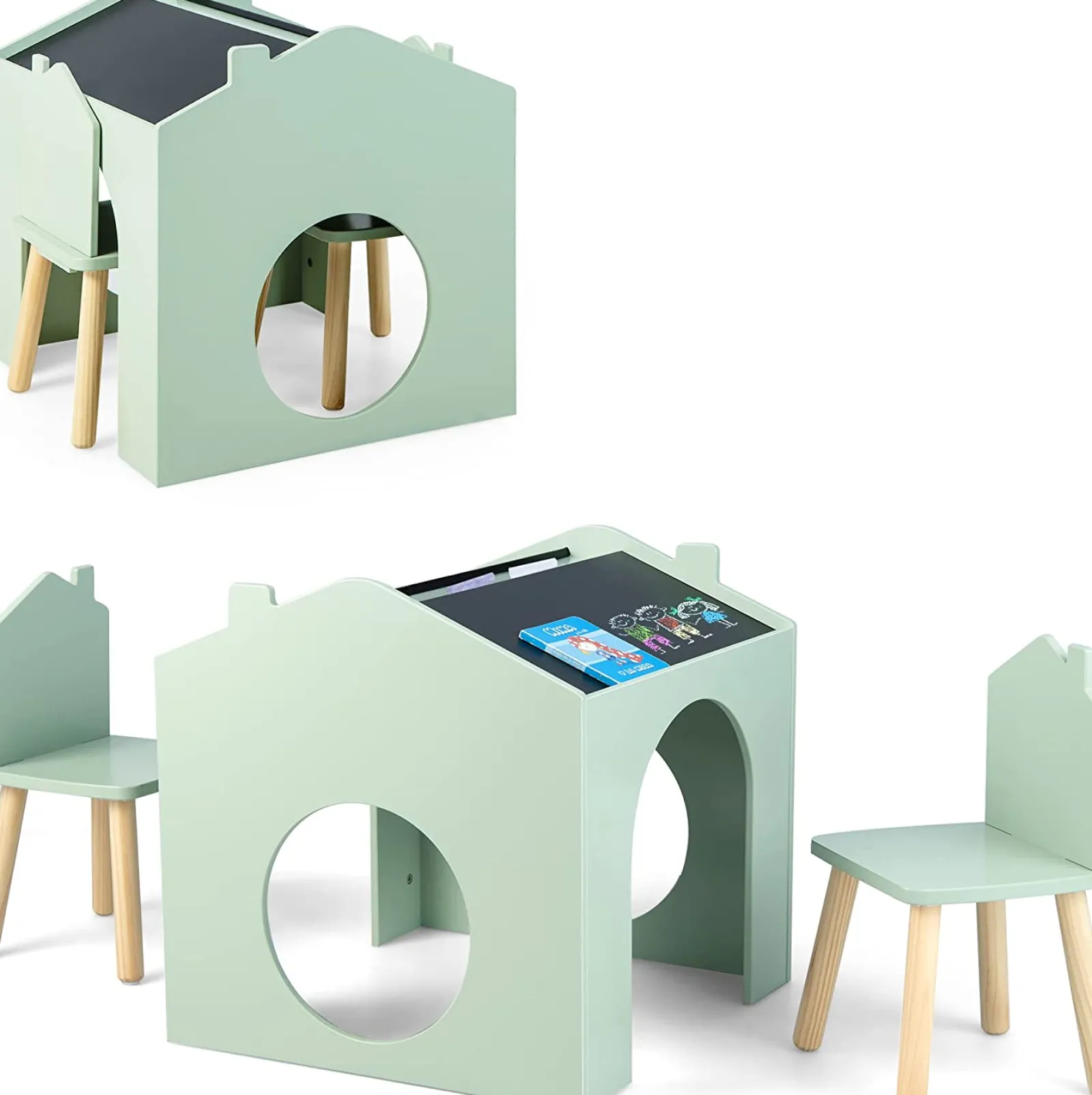 Little Helper Table & Chairs (wooden) | 3-in-1 Spine-Supporting Wooden Table 2 Chairs | Chalkboards | House | Den | 3 years+
