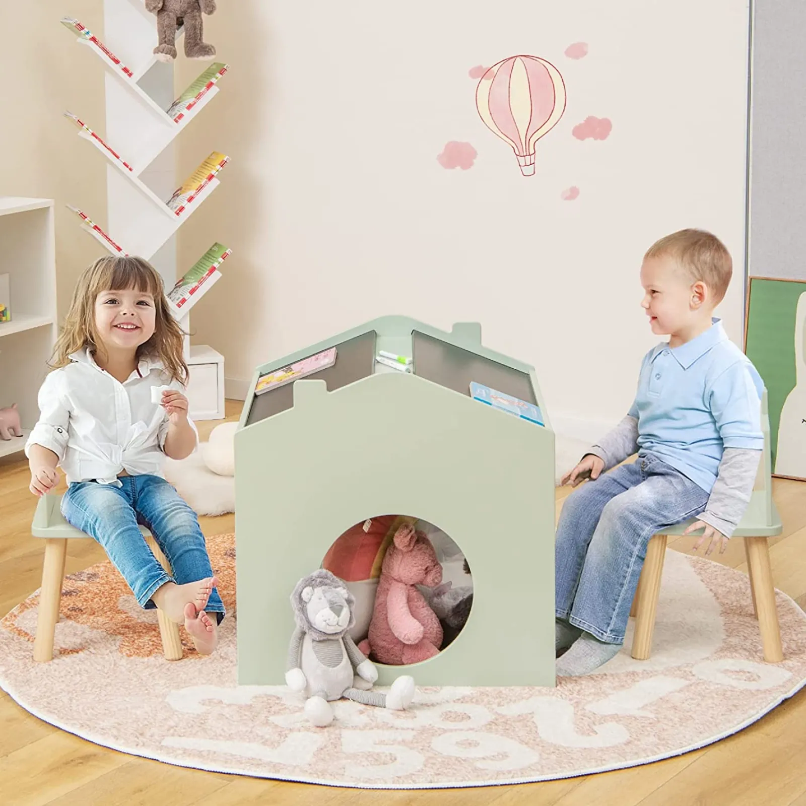 Little Helper Table & Chairs (wooden) | 3-in-1 Spine-Supporting Wooden Table 2 Chairs | Chalkboards | House | Den | 3 years+