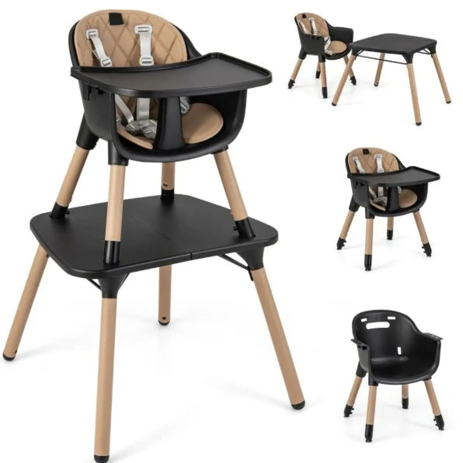 Little Helper High Chairs (wooden) | High Chairs (plastic) | 5-In-1 Wooden Baby High Chair & Childrens Table & Chair | 5 Point Harness | Black & Beige | 6m - 3 Years